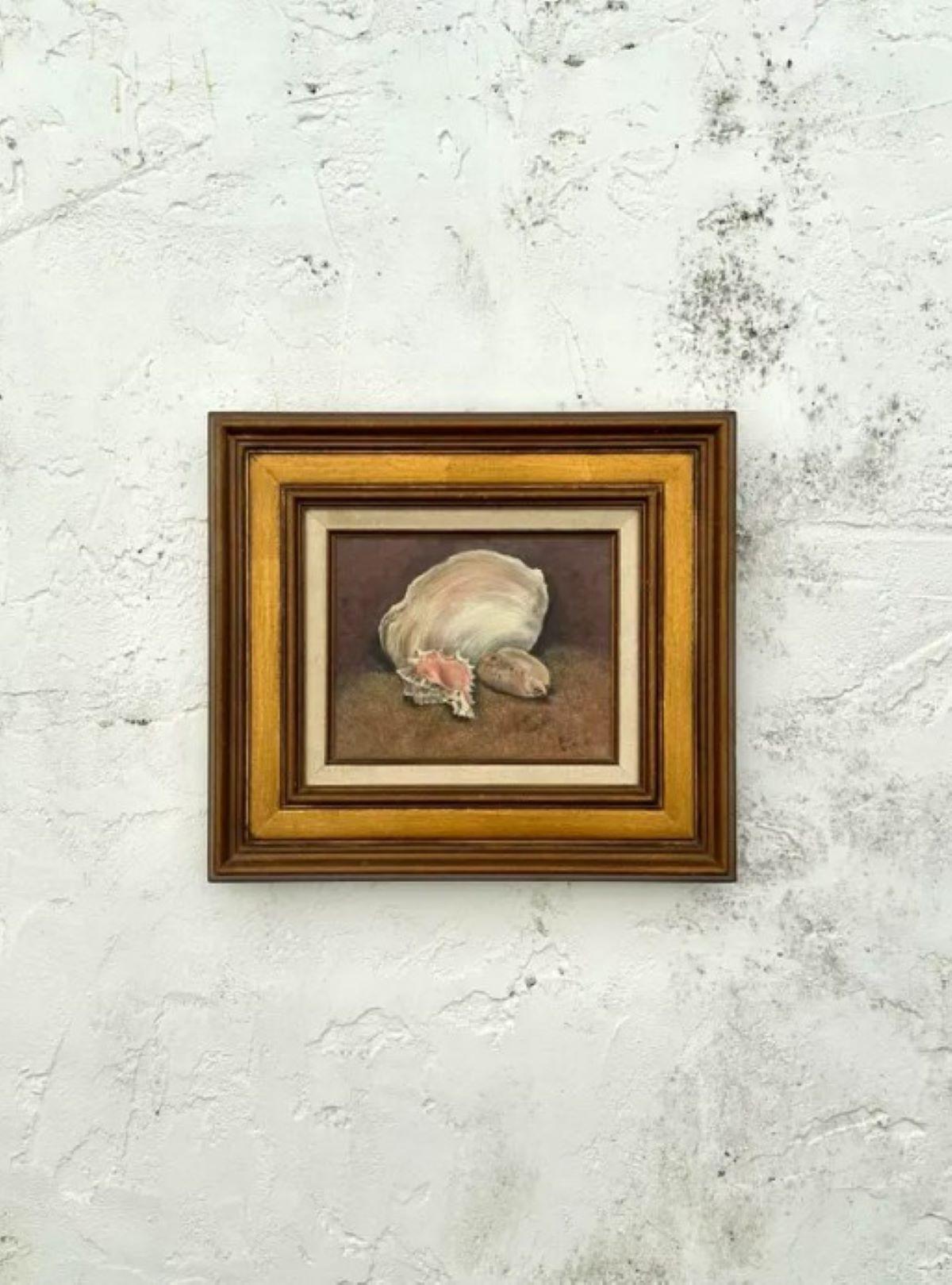 Vintage Boho Óleo original sobre lienzo Bodegón de conchas firmado por el artista Lienzo en venta