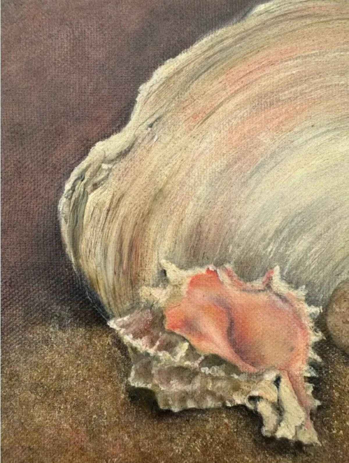 Vintage Boho Óleo original sobre lienzo Bodegón de conchas firmado por el artista en venta 1