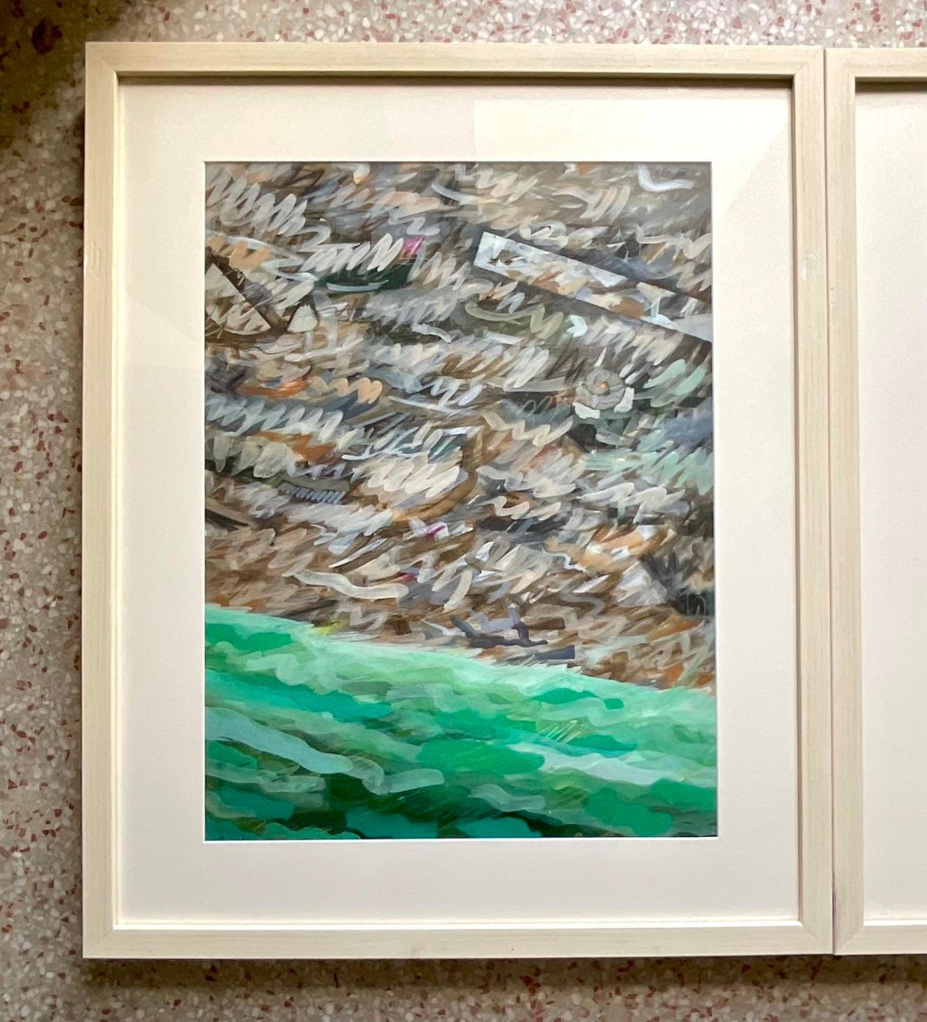 A fabulous set of two vintage original oil painting on paper. A chic Abstract composition in brilliant shades of green. Acquired from a Palm Beach estate.