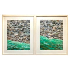 Peinture abstraite vintage de style bohème, à l'huile sur papier – une paire