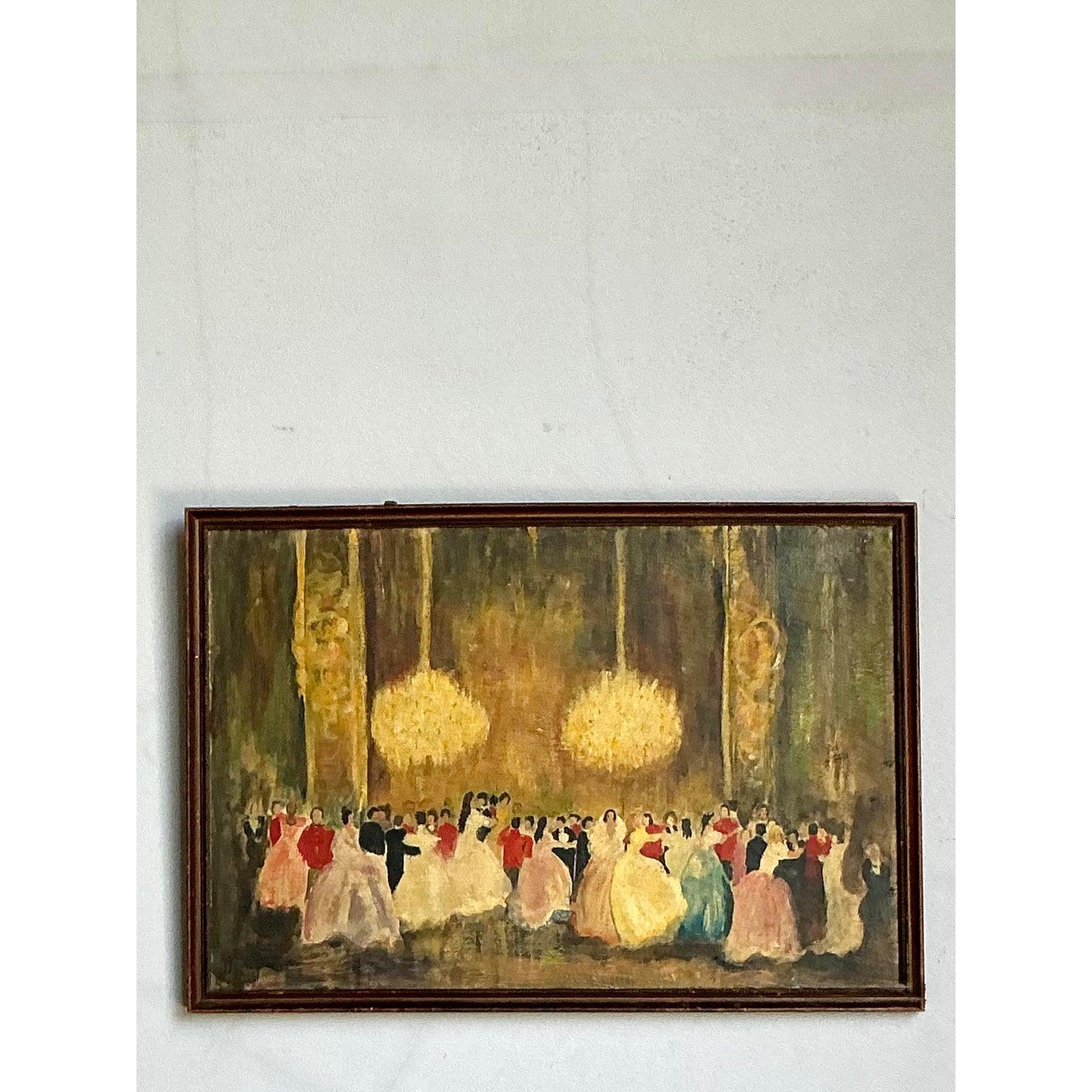 Treten Sie ein in eine Welt der zeitlosen Romantik und Eleganz mit diesem fesselnden Ölgemälde im Vintage-Stil. Der Künstler fängt meisterhaft die vibrierende Energie einer großen Ballsaalszene ein, in der elegant gekleidete Paare unter dem warmen,