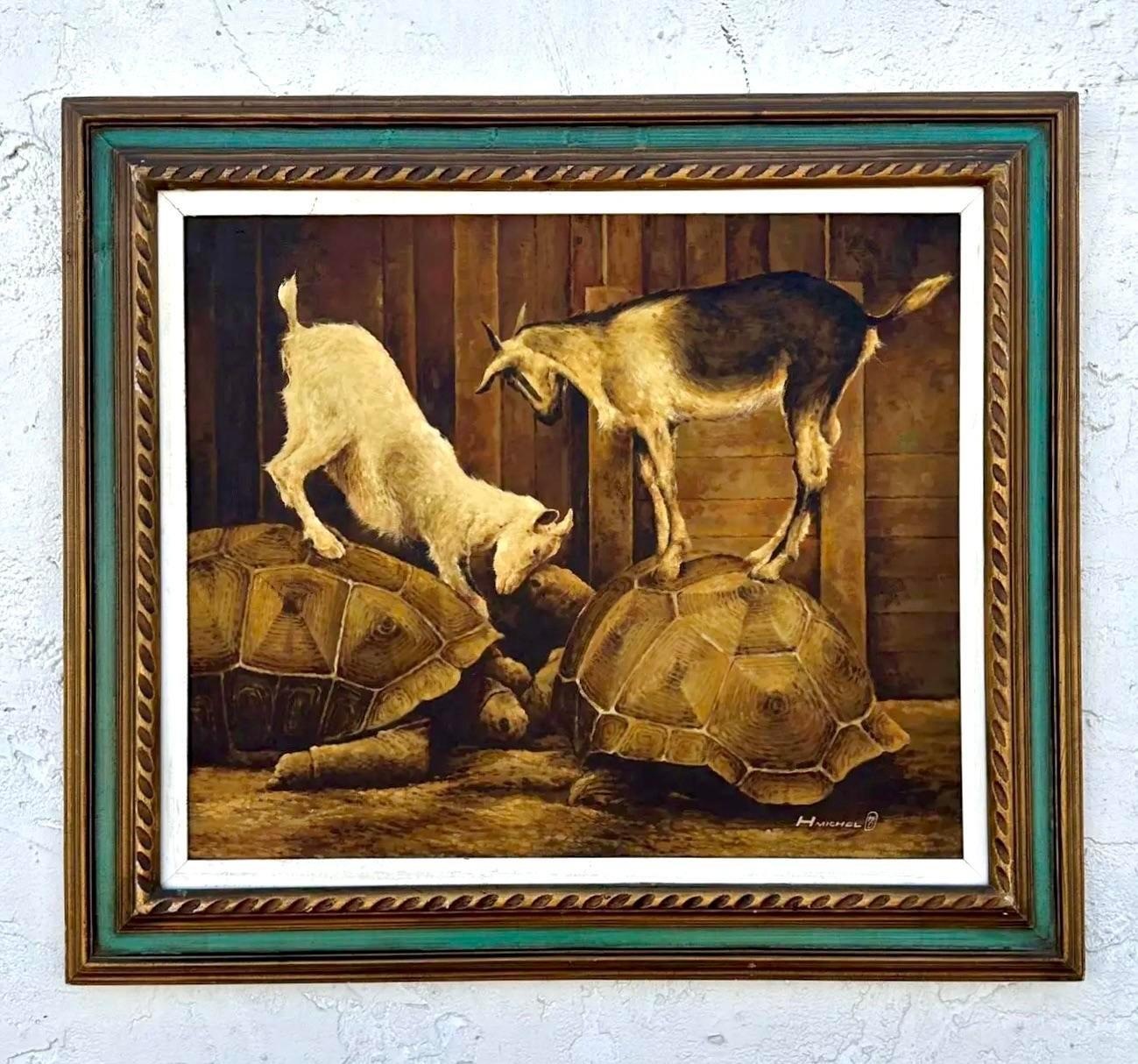 A fabulous vintage Boho original oil painting on canvas. A whimsical composition of goats on turtles. Sure to be a conversation starter. Signed by the artist. Acquired from a Palm Beach estate. 