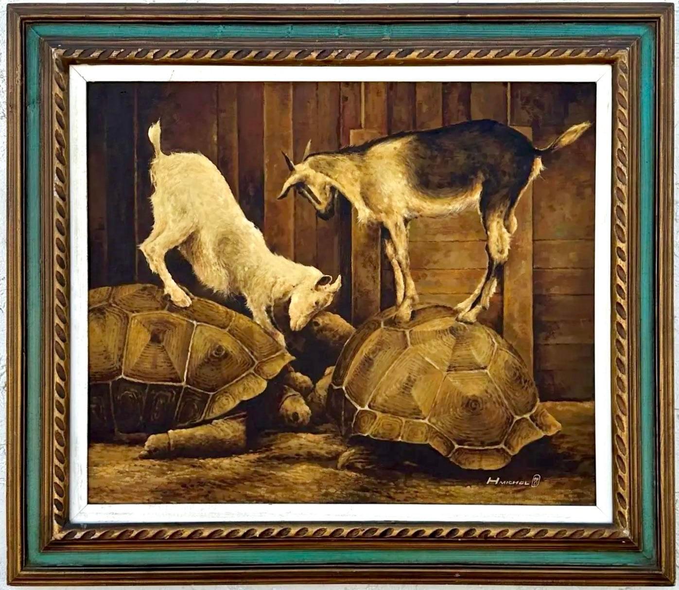 Vintage Boho Original Oil Painting of Animals In Good Condition For Sale In west palm beach, FL