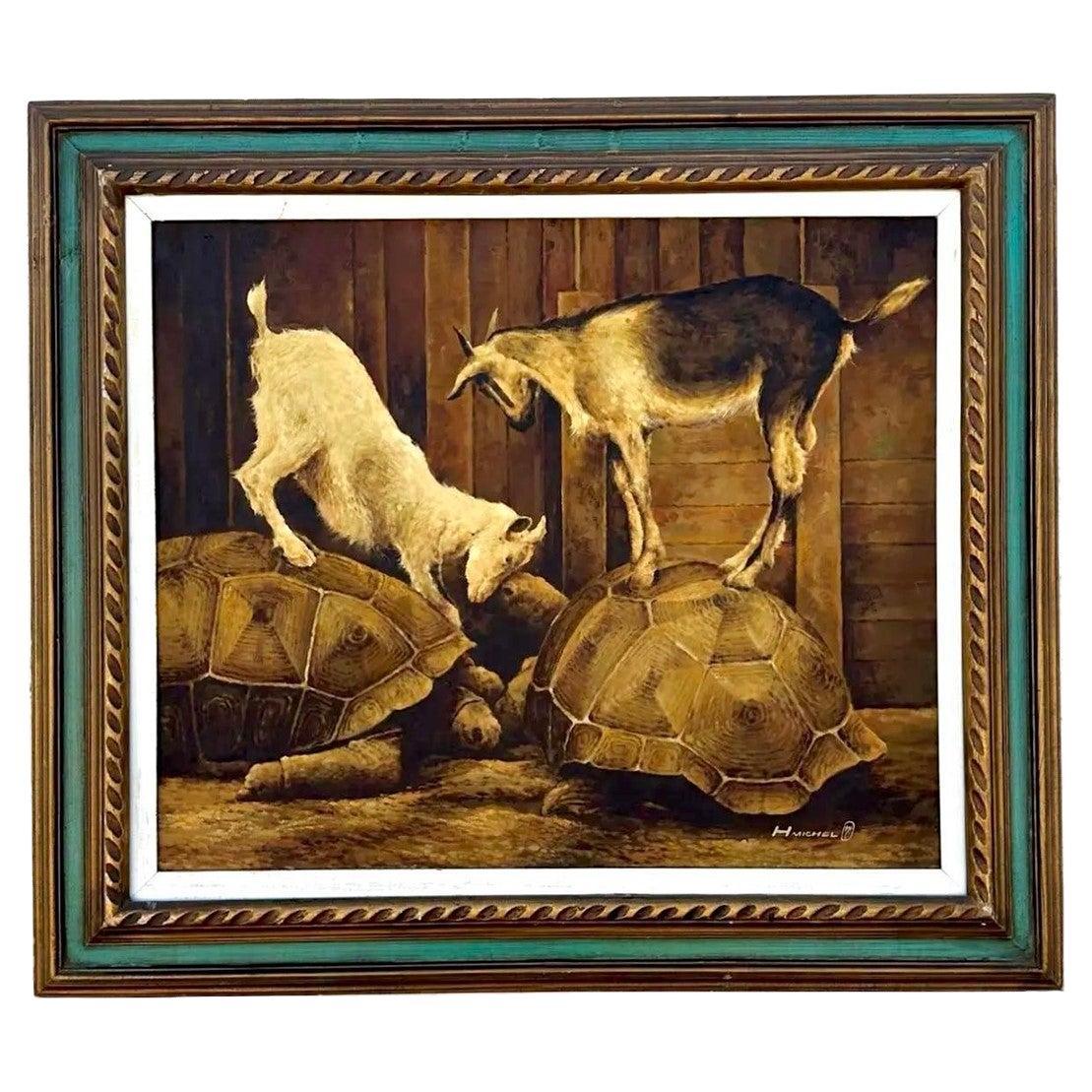 Vintage Boho Pintura al óleo original de animales