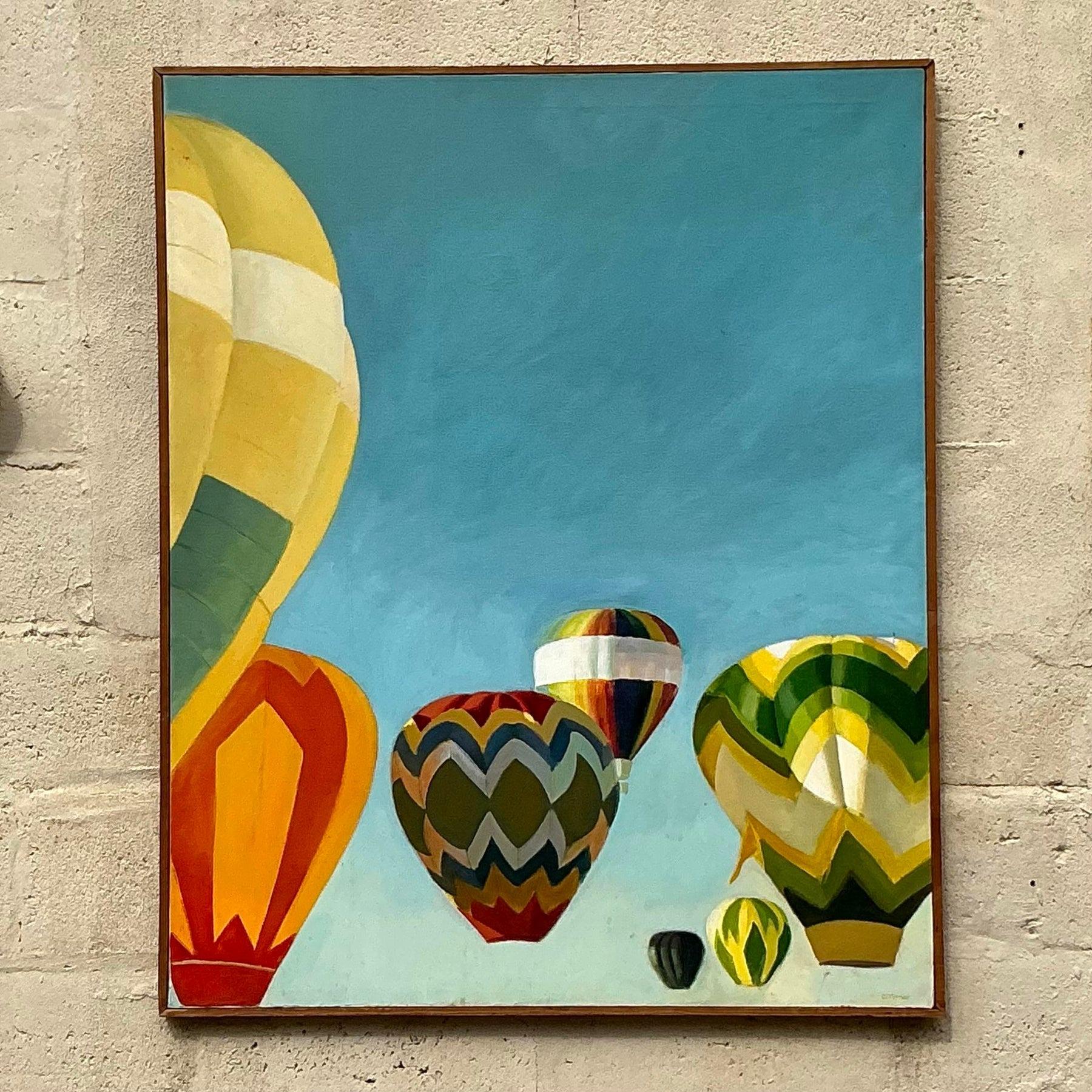 Infunde capricho y encanto a tu espacio con este original óleo boho vintage de globos. Con sus colores vibrantes y su movimiento juguetón, esta obra de arte única añade un toque desenfadado y ecléctico a cualquier habitación. Perfecta para crear un