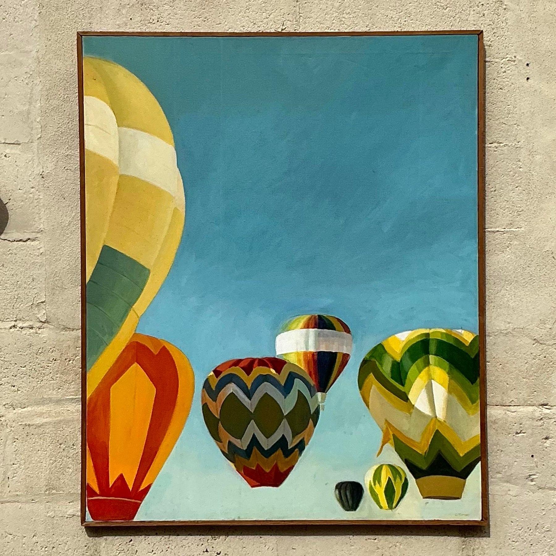 Vintage Boho Pintura al óleo original de globos siglo XX en venta