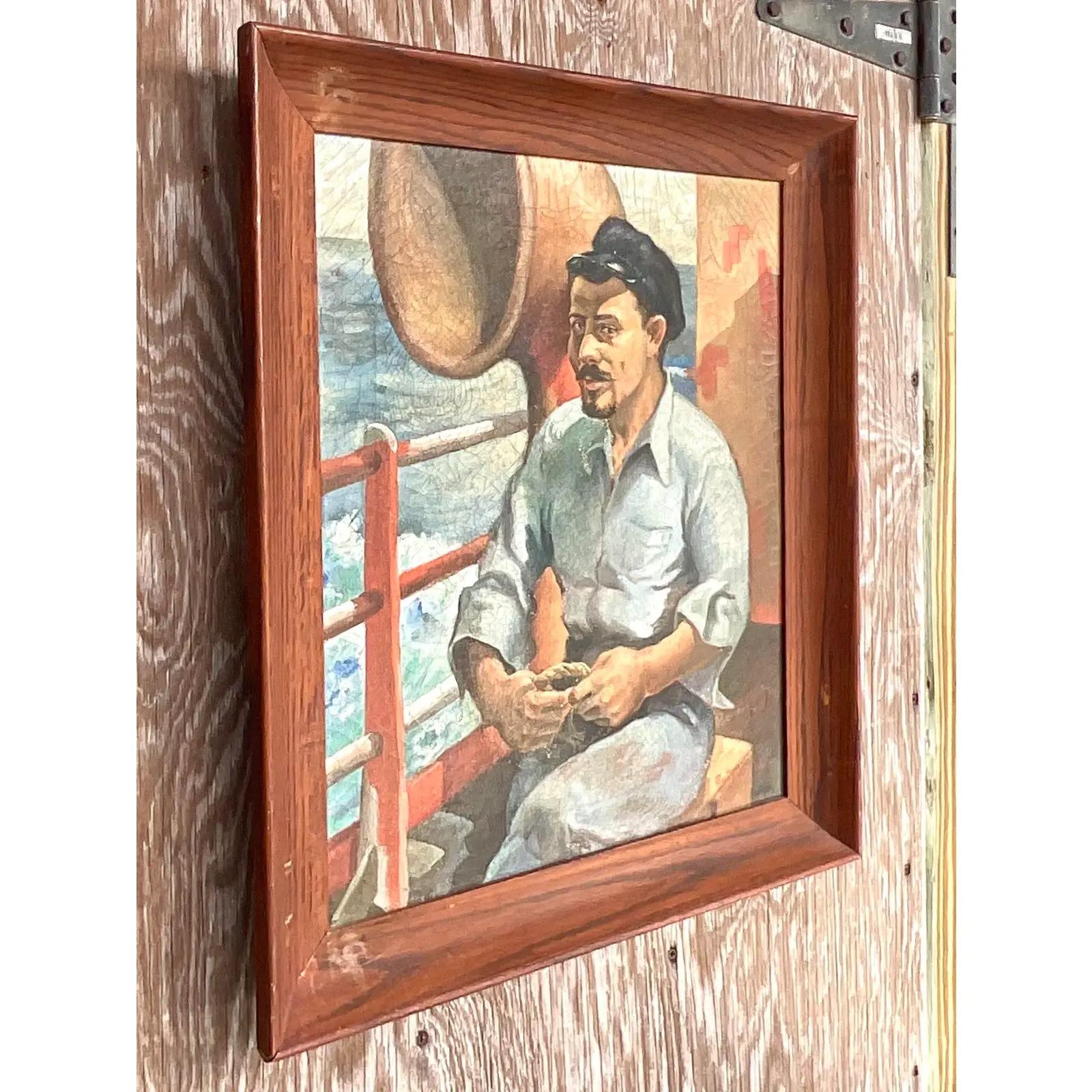 A fantastic vintage boho original oil painting. A handsome fisherman on the docks. Signed and dated by the artist 1944. Acquired from a Palm Beach estate.