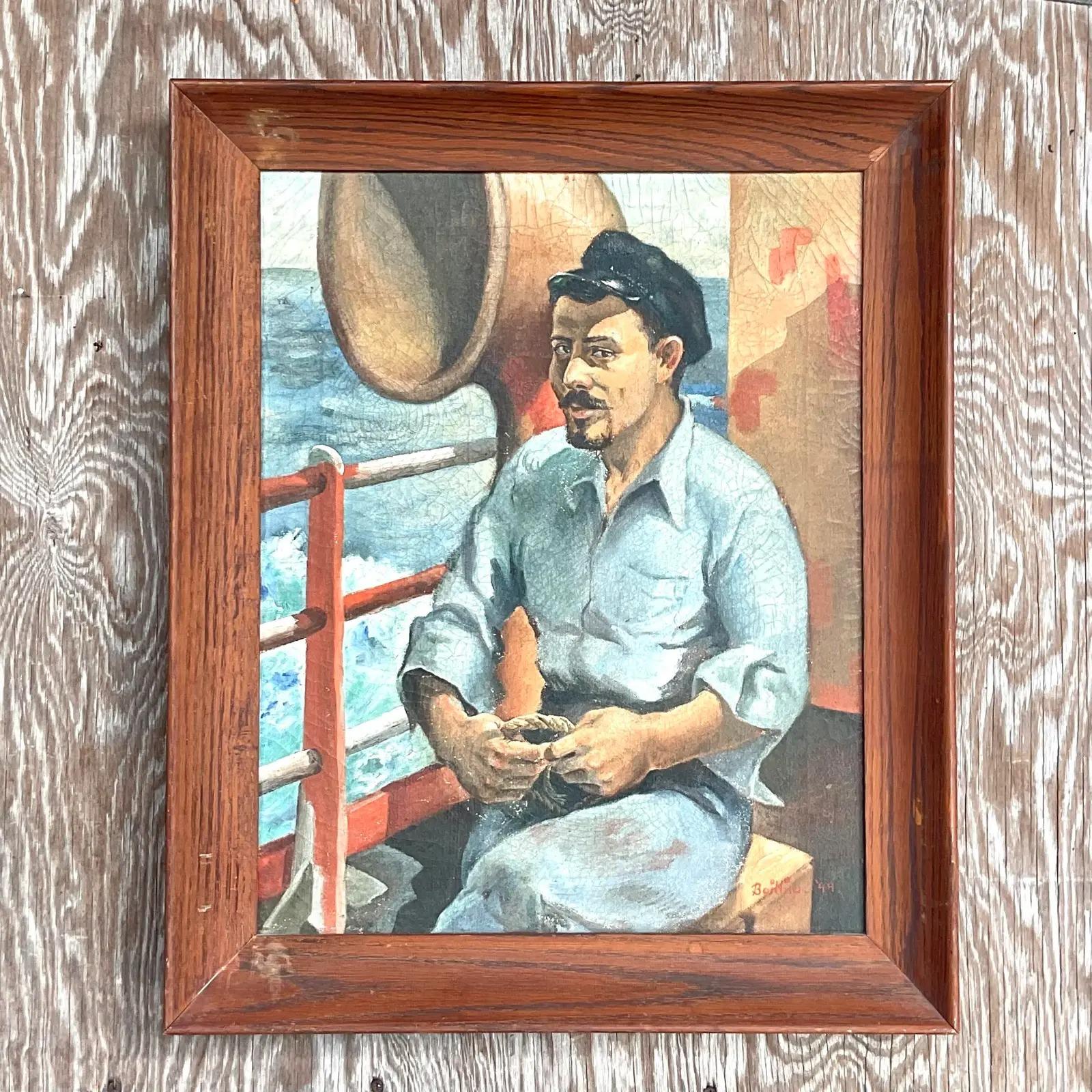 North American Vintage Boho Original Oil Painting of Fisherman Signed and Dated 1944