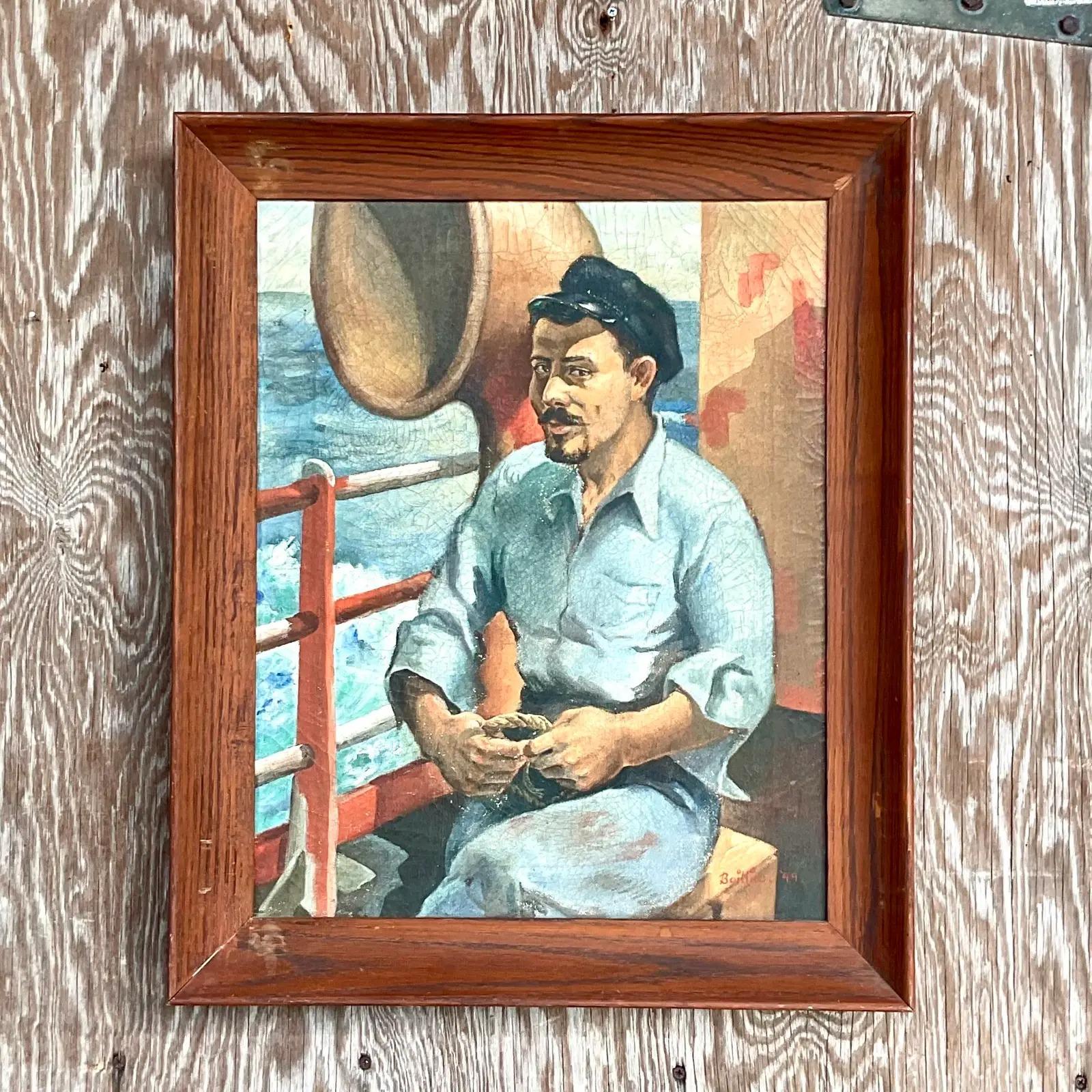 Vintage Boho Original Oil Painting of Fisherman Signed and Dated 1944 In Good Condition In west palm beach, FL