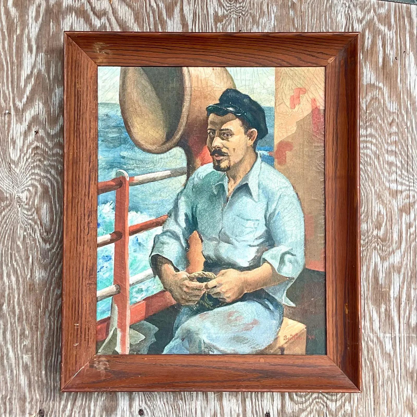 Mid-20th Century Vintage Boho Original Oil Painting of Fisherman Signed and Dated 1944