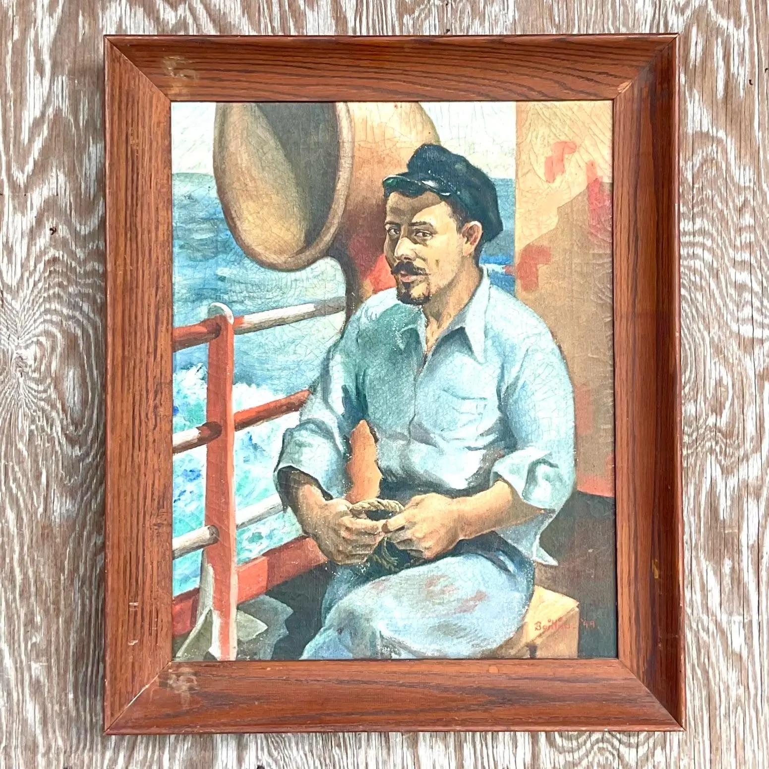 Vintage Boho Original Oil Painting of Fisherman Signed and Dated 1944 1