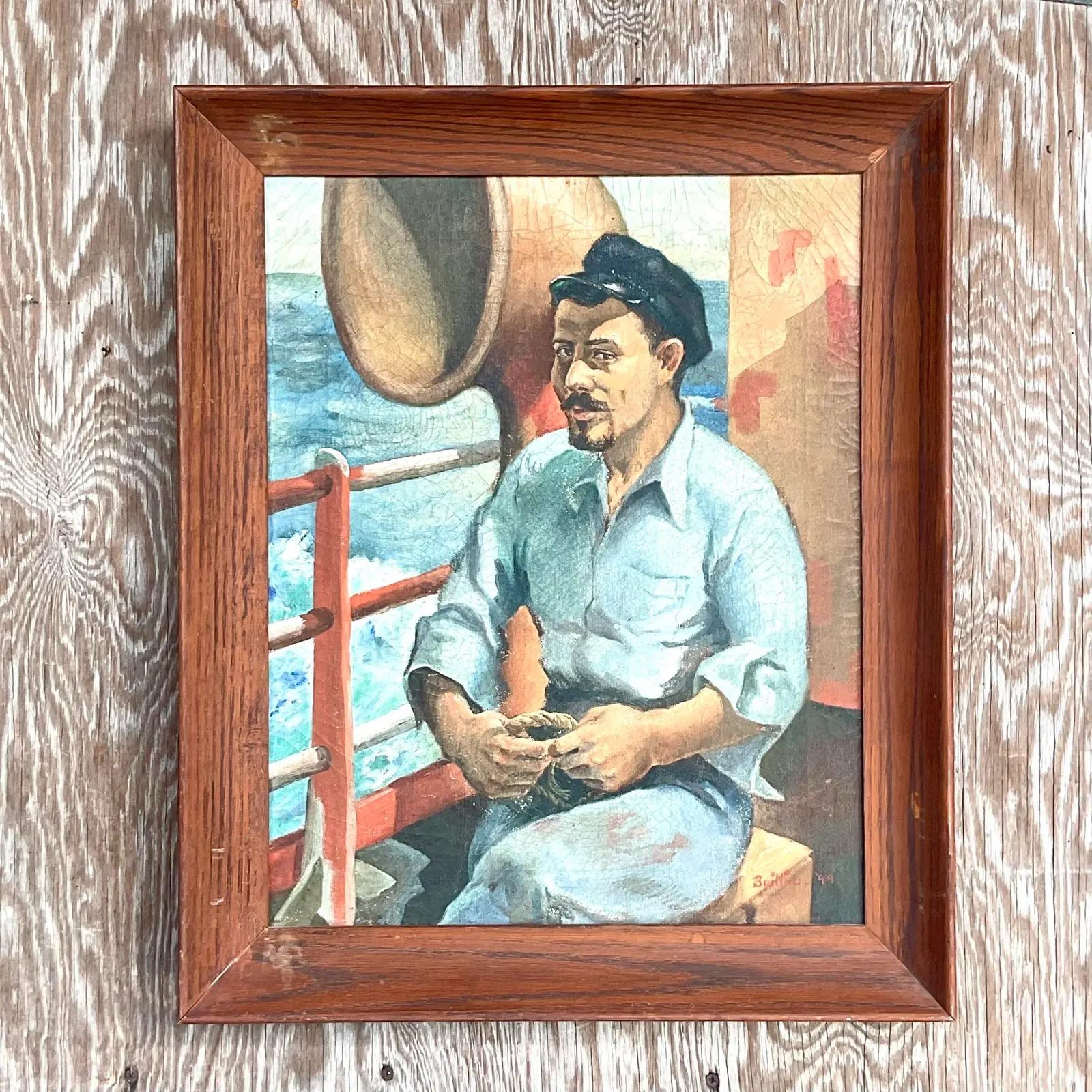 Vintage Boho Original Oil Painting of Fisherman Signed and Dated 1944 2