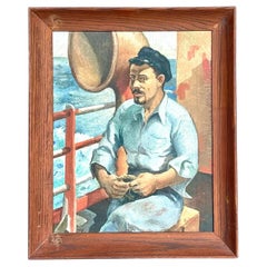 Vintage Boho Original Oil Painting of Fisherman Signed and Dated 1944