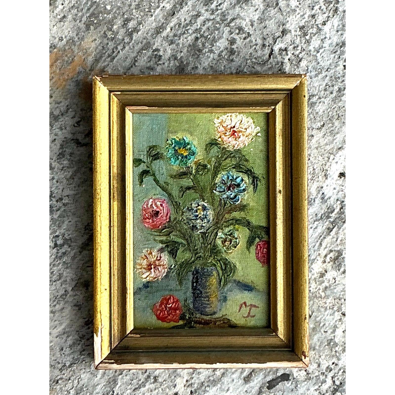 Originales Vintage Boho-Ölgemälde mit Blumen, Vintage (Französische Provence) im Angebot