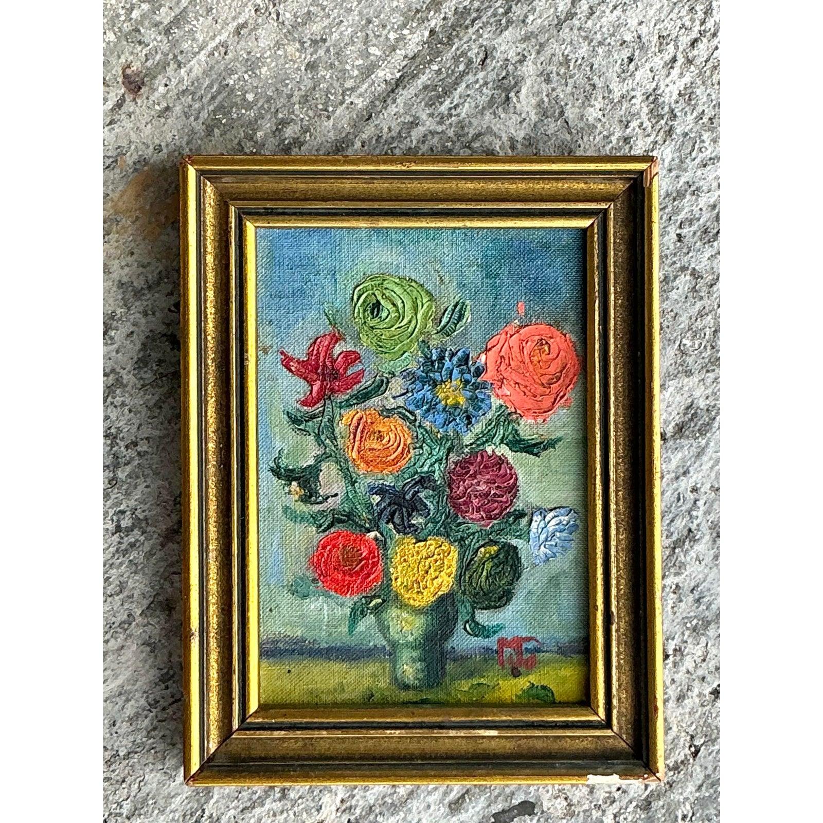 Originales Vintage Boho-Ölgemälde mit Blumen, Vintage im Zustand „Gut“ im Angebot in West Palm Beach, FL