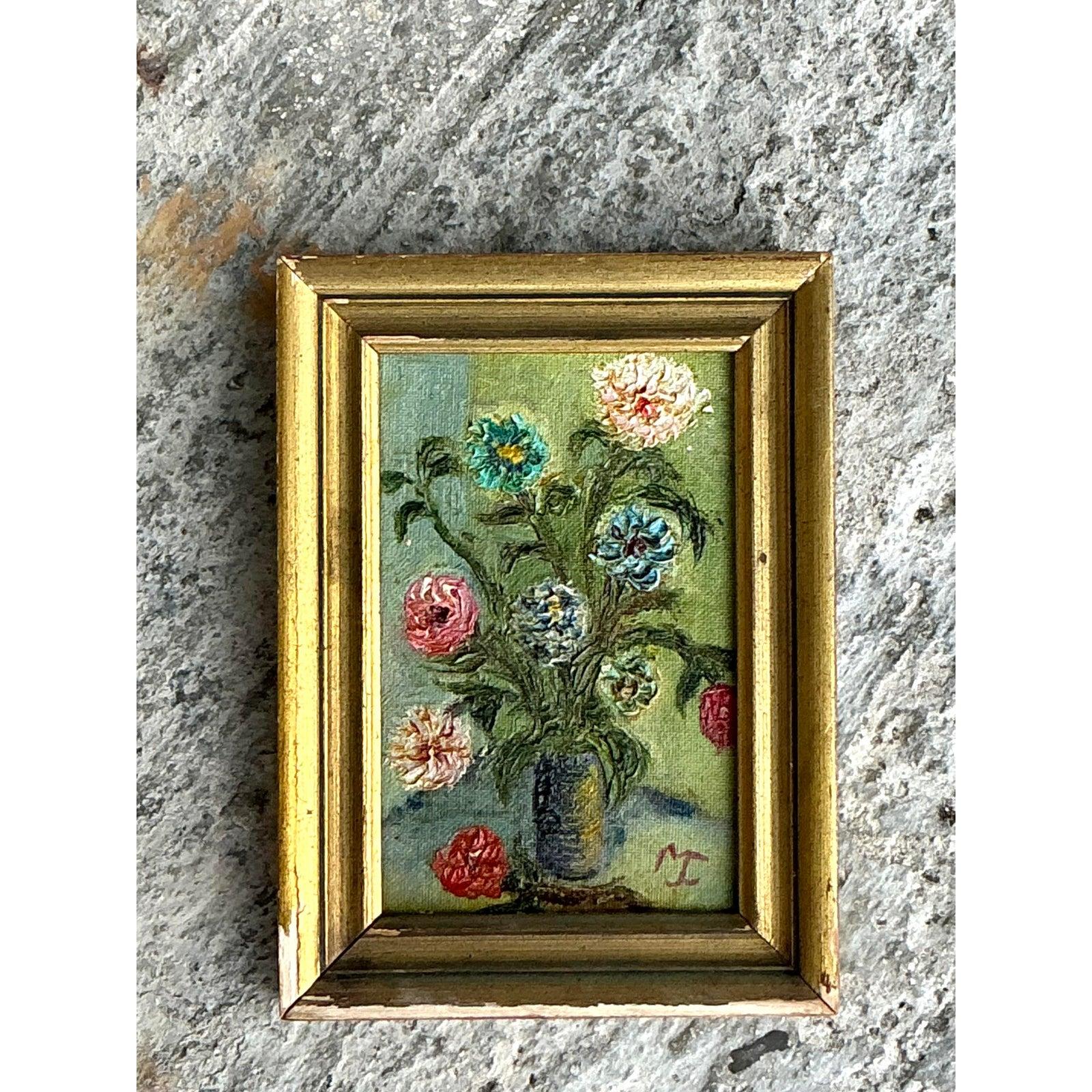 Originales Vintage Boho-Ölgemälde mit Blumen, Vintage (amerikanisch) im Angebot