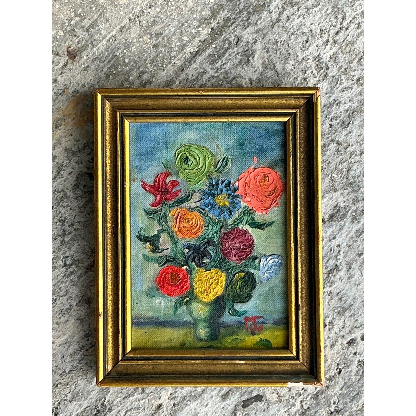 Originales Vintage Boho-Ölgemälde mit Blumen, Vintage (20. Jahrhundert) im Angebot