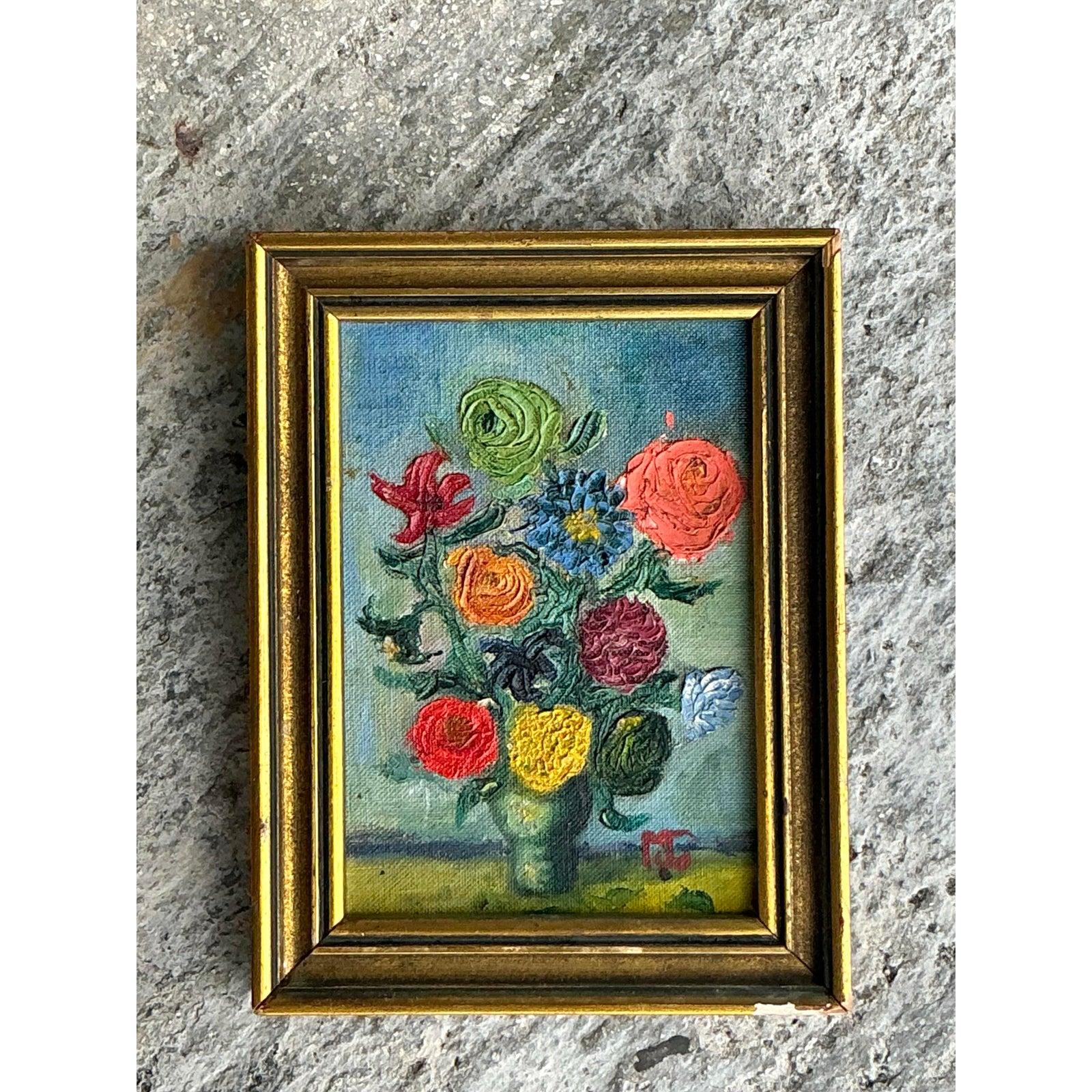 Originales Vintage Boho-Ölgemälde mit Blumen, Vintage (Leinwand) im Angebot