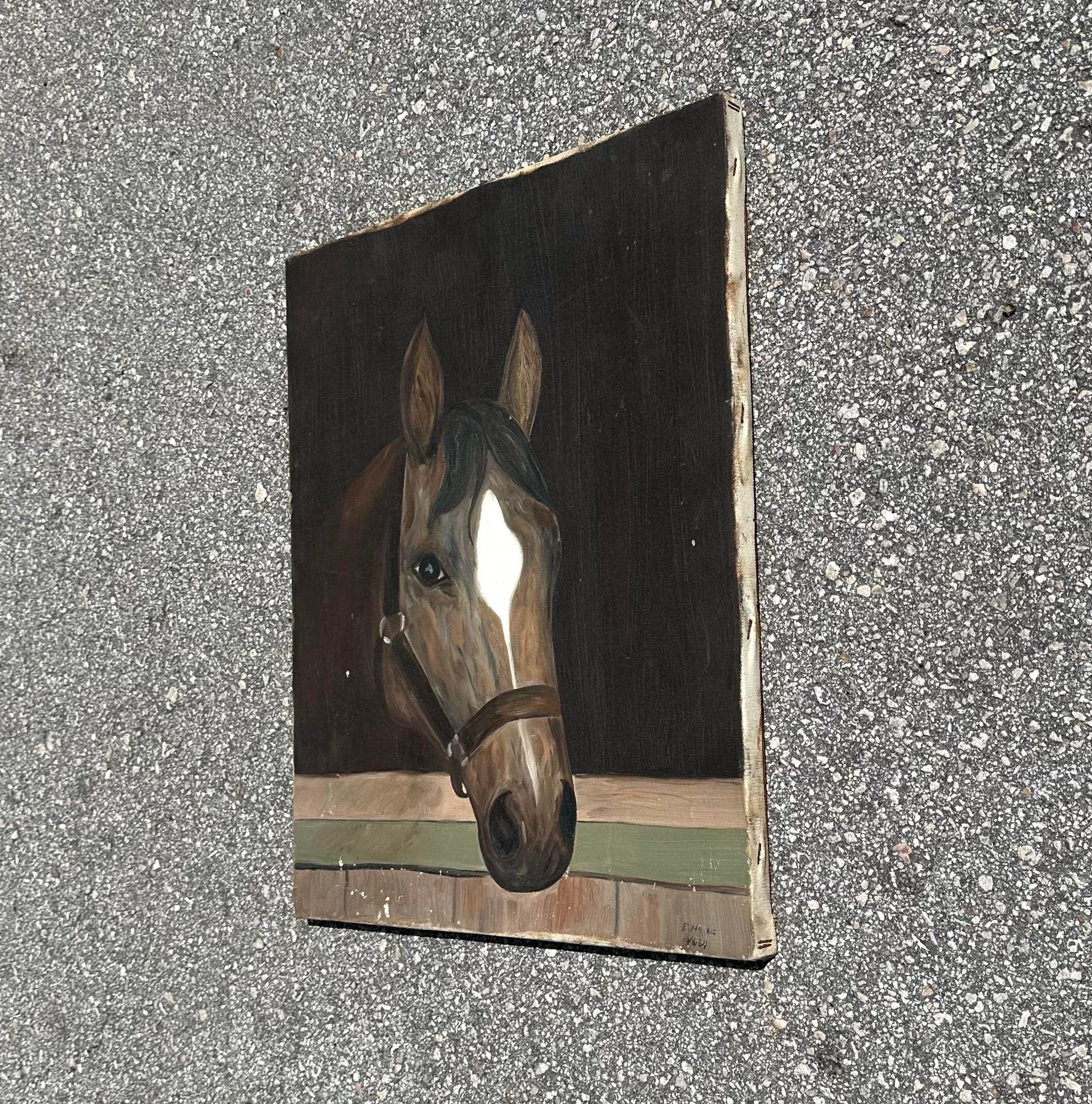 North American Vintage Boho Original Oil Painting of Horse
