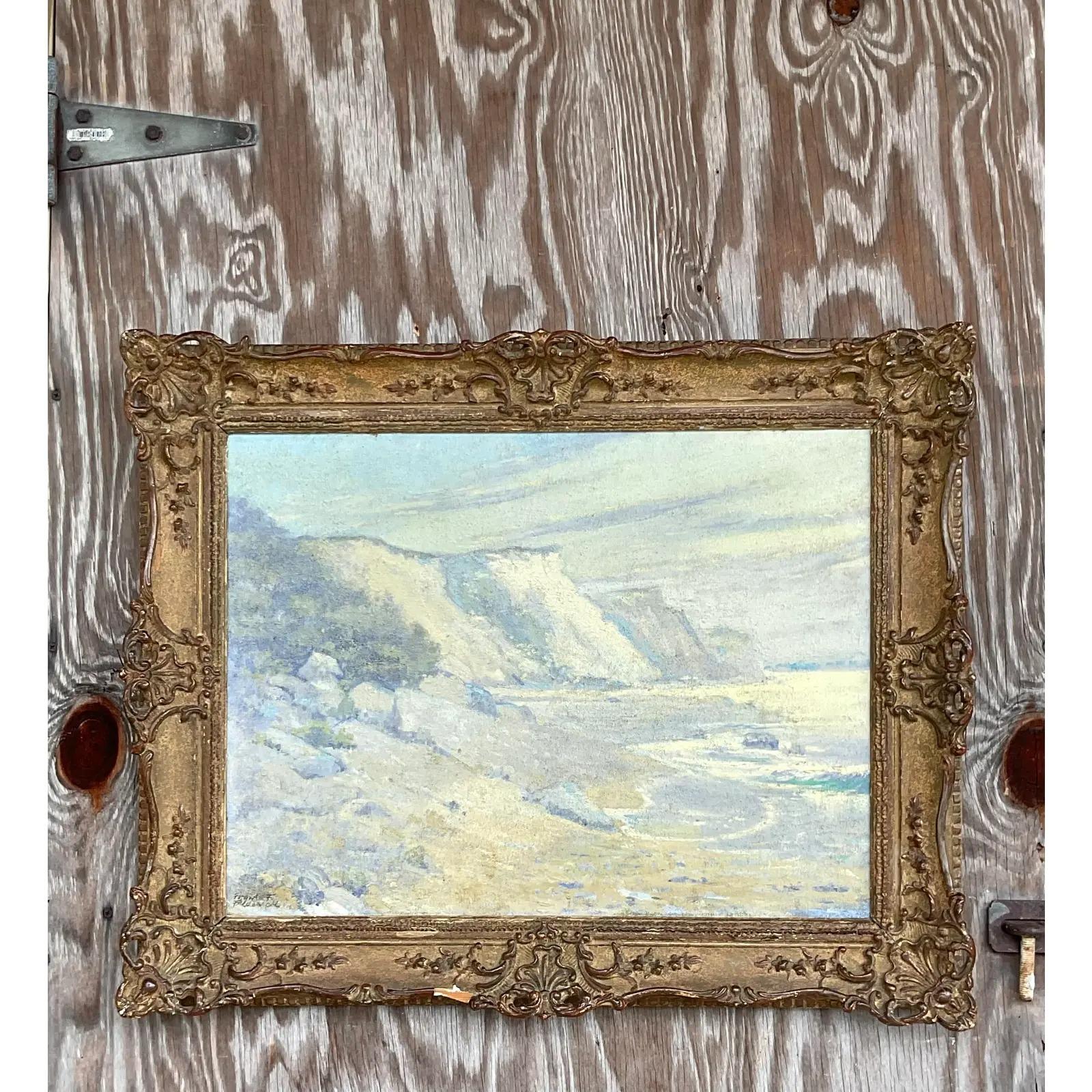 Incredible vintage original oil painting. A gorgeous landscape in soft colors. Beautiful vintage distressed frame. Acquired from a Palm Beach estate.