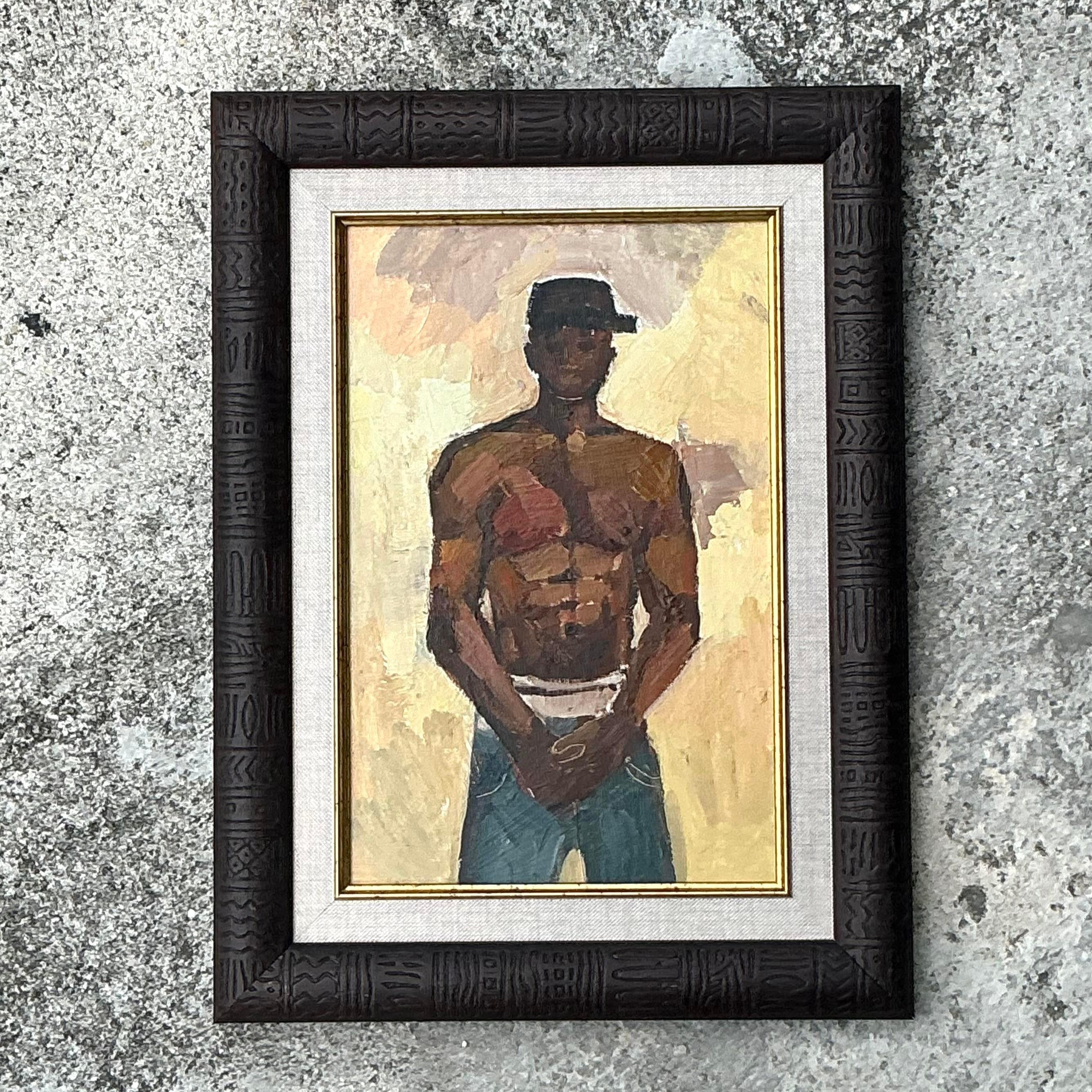 Verleihen Sie Ihren Räumen einen Hauch von Bohème-Charme mit diesem atemberaubenden Vintage-Ölgemälde. Das fesselnde Porträt eines Mannes ist ein Originalkunstwerk mit komplizierten Pinselstrichen und satten, leuchtenden Farben. Dieses Stück ist für