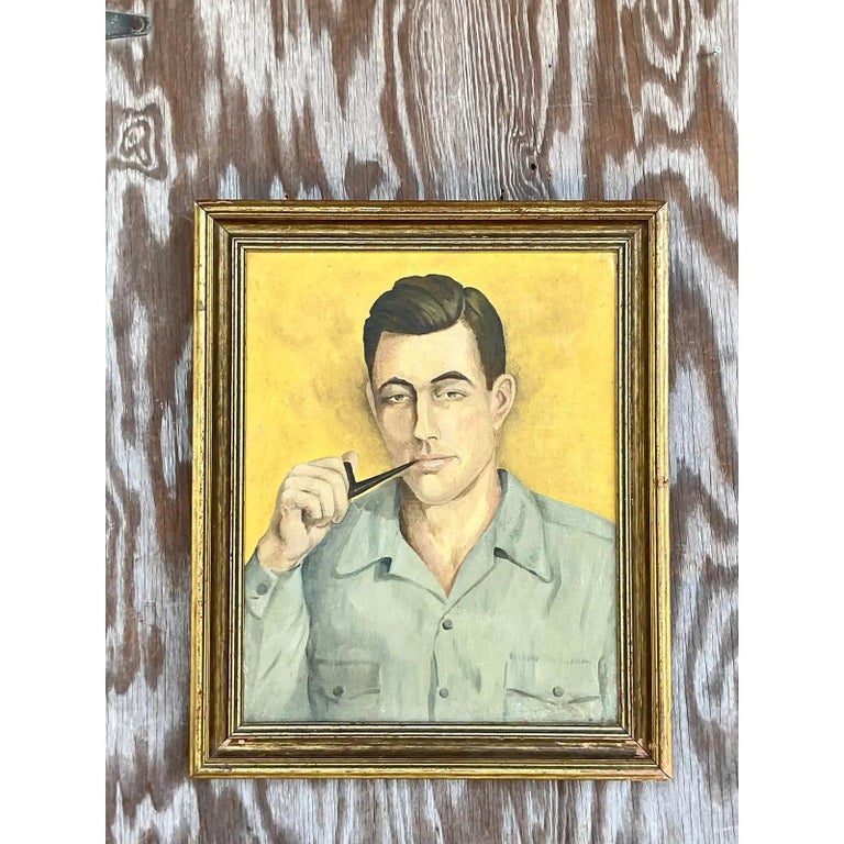 Vintage Boho Original Oil Painting of Man with Pipe For Sale at 1stDibs