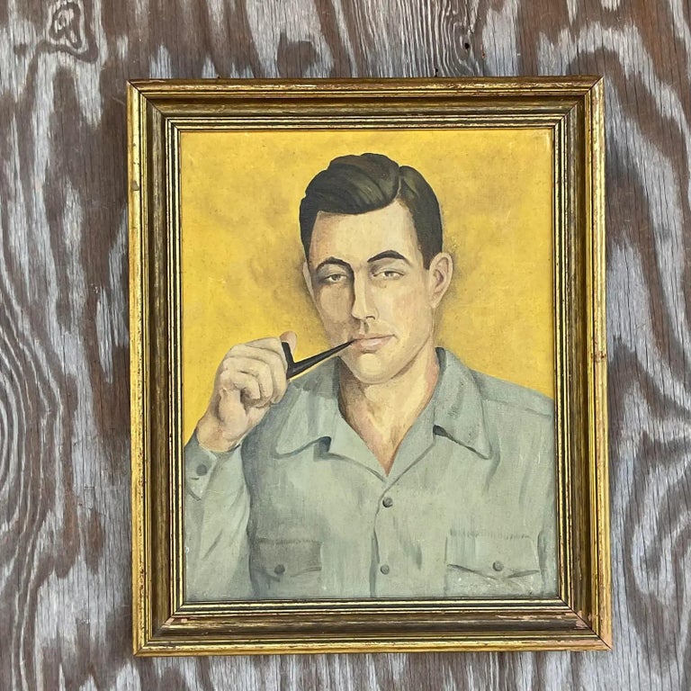 Vintage Boho Original Oil Painting of Man with Pipe For Sale at 1stDibs
