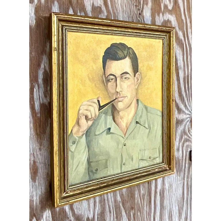 Vintage Boho Original Oil Painting of Man with Pipe For Sale at 1stDibs