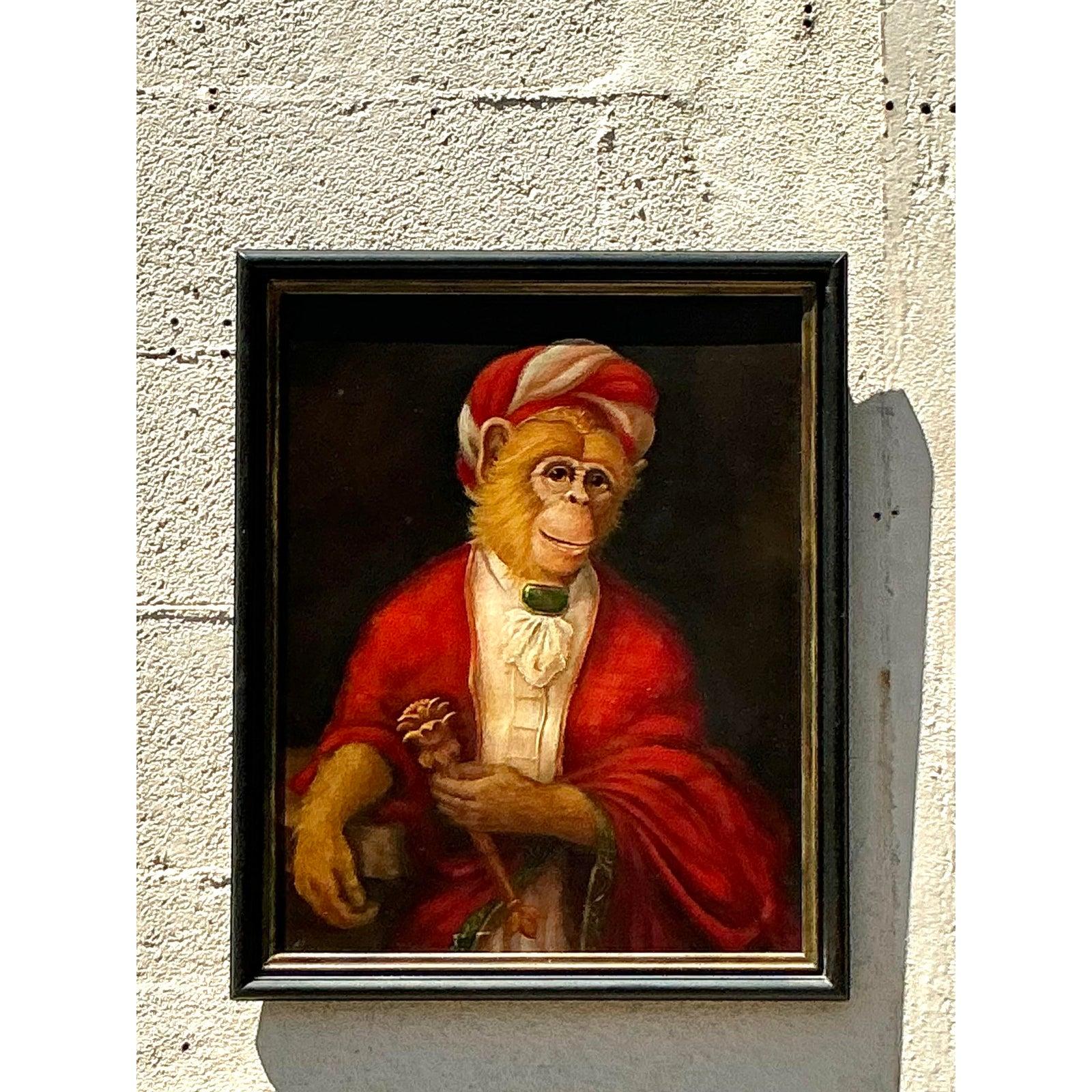 Vintage Boho Original Ölgemälde von Affe auf Leinwand (amerikanisch) im Angebot