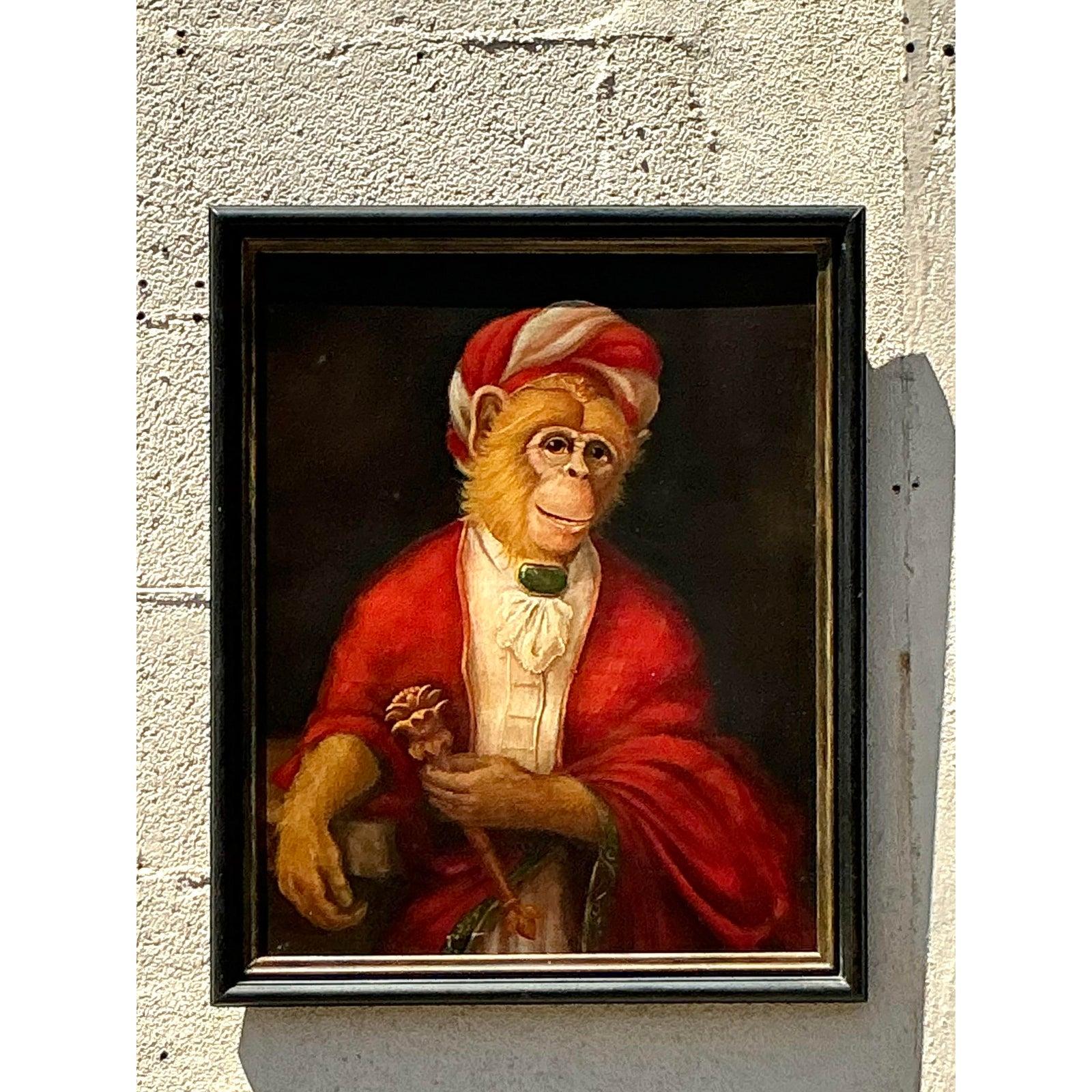 Vintage Boho Original Ölgemälde von Affe auf Leinwand im Zustand „Gut“ im Angebot in west palm beach, FL
