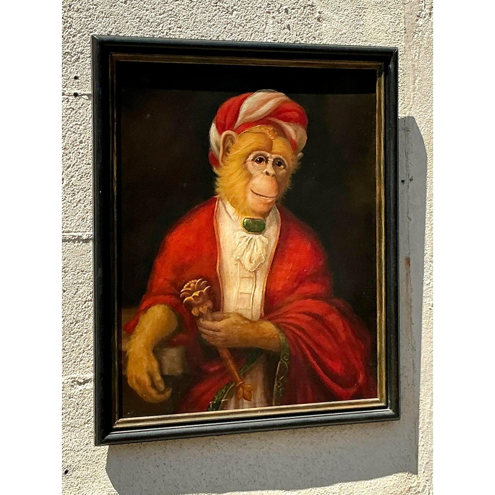 Vintage Boho Original Ölgemälde von Affe auf Leinwand (20. Jahrhundert) im Angebot