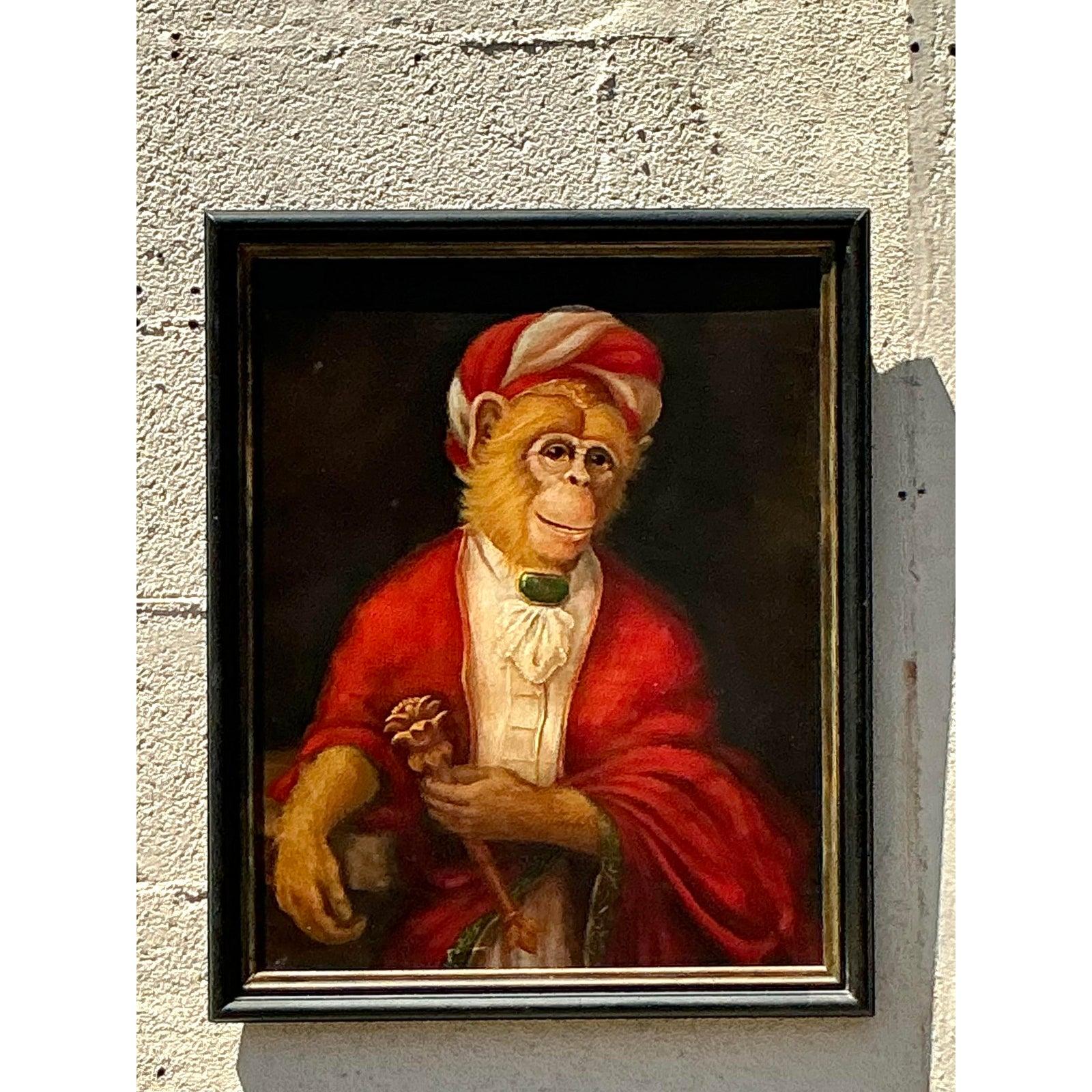 Vintage Boho Original Ölgemälde von Affe auf Leinwand im Angebot 1