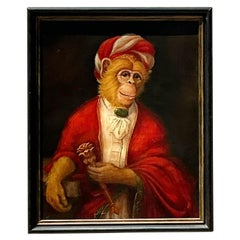 Vintage Boho Original Oil Painting of Monkey on Canvas