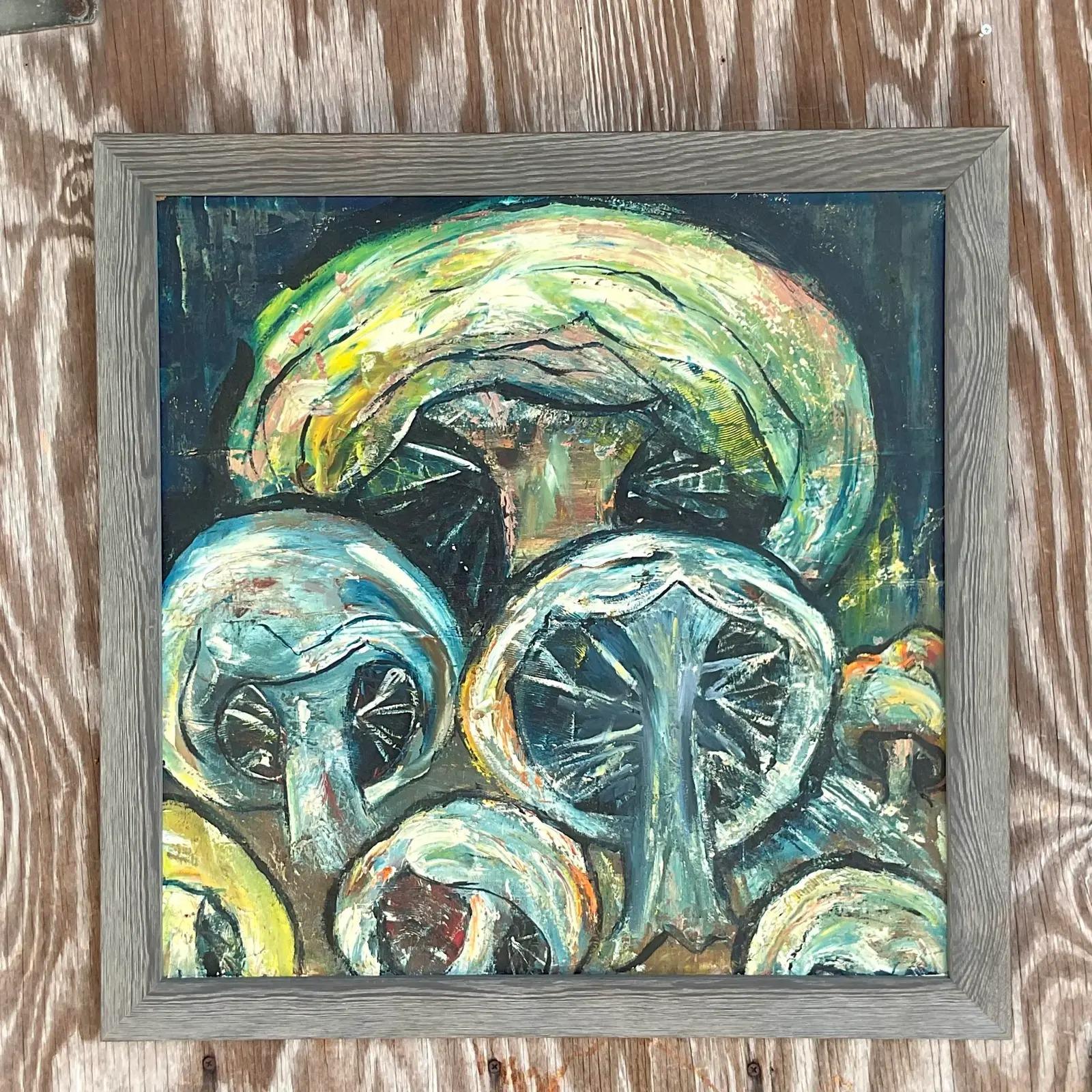 Vintage Boho Original Oil Painting of Mushrooms In Good Condition In west palm beach, FL