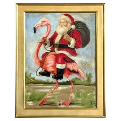 Vintage Boho Original Oil Painting of Santa and Flamingo