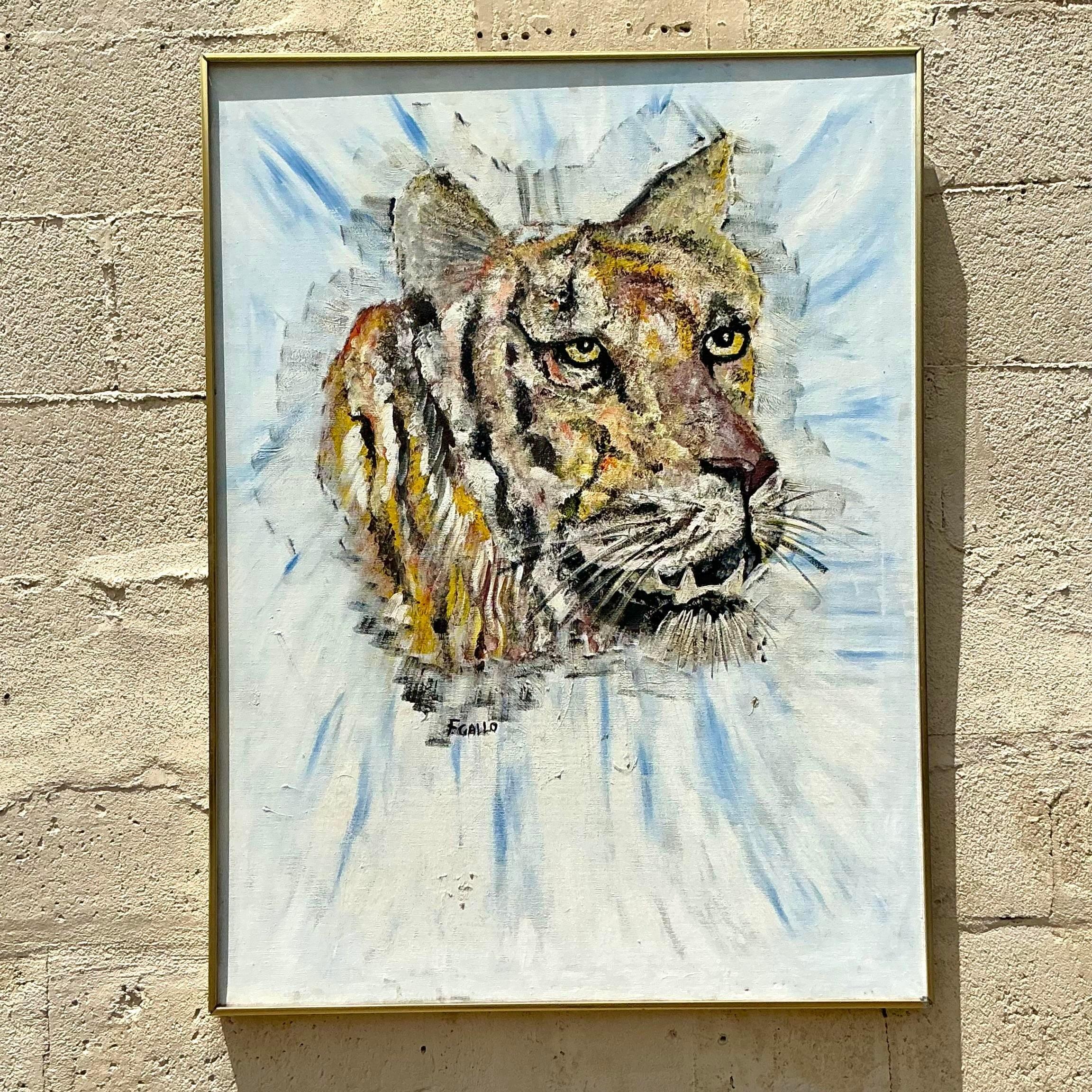 Metallo Pittura a olio originale vintage boho di tigre in vendita