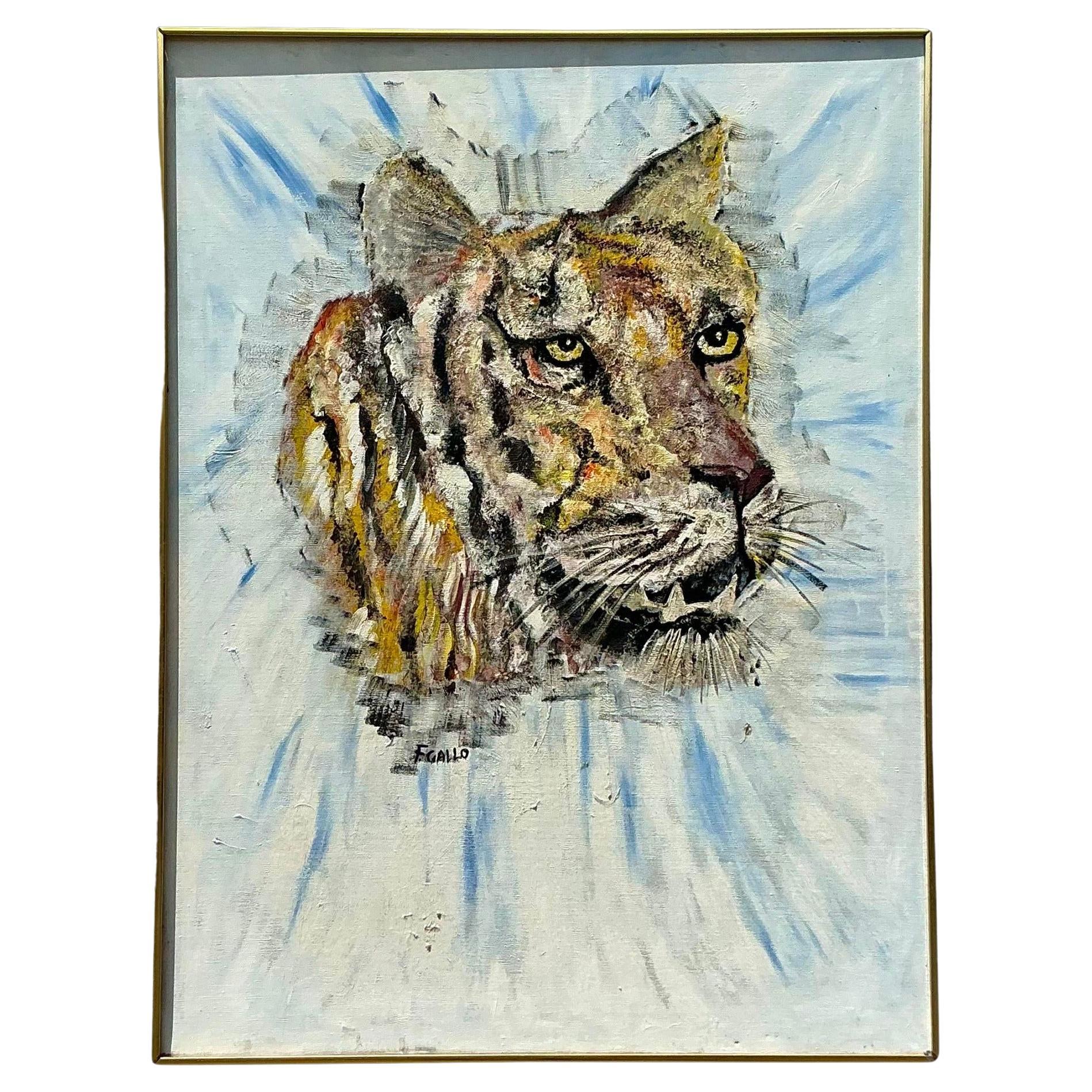 Vintage Boho Original Oil Painting of Tiger