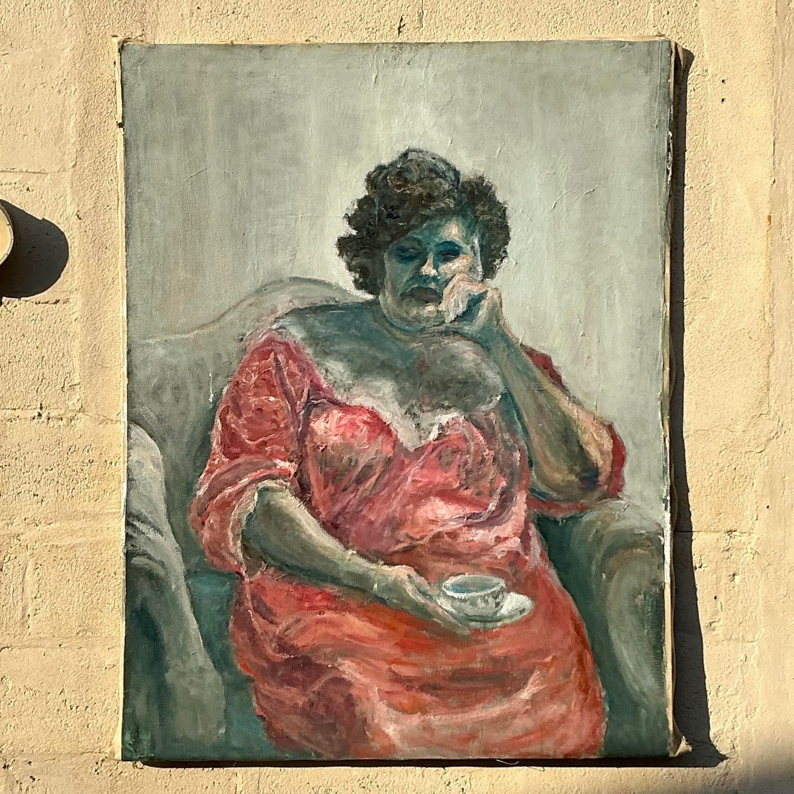 This captivating vintage oil painting features a contemplative woman seated in an armchair, holding a delicate teacup. The vibrant coral hues of her dress contrast beautifully with the muted background tones, highlighting the artist's skillful use