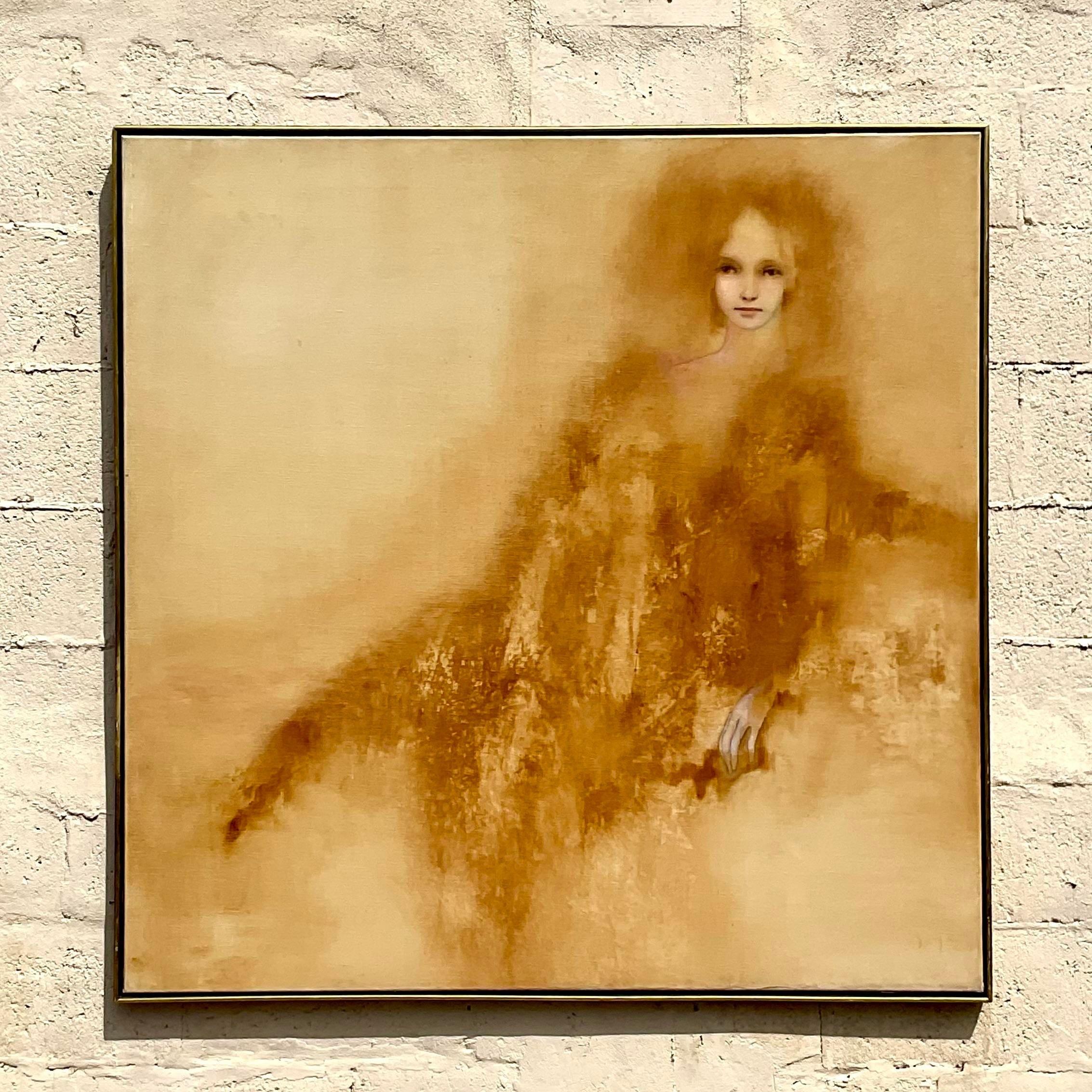 Metal Vintage Boho Original Oil Painting of Woman For Sale