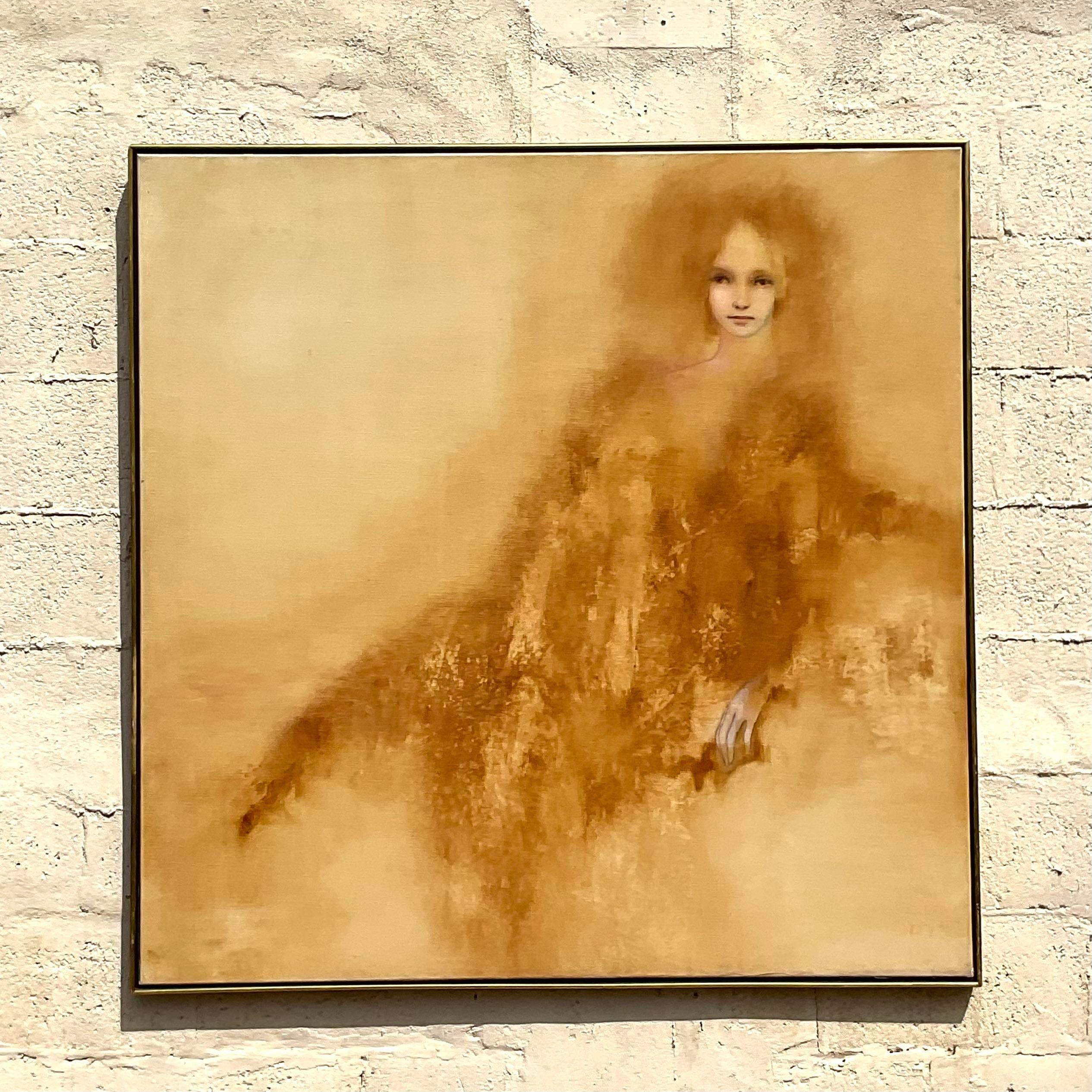 Vintage Boho Original Oil Painting of Woman For Sale 1