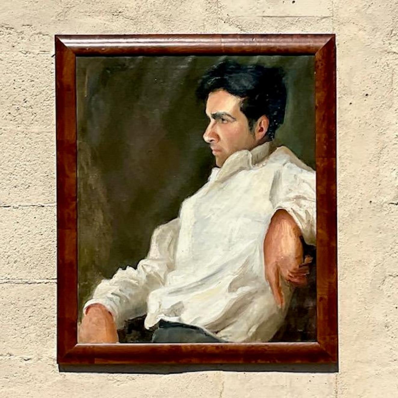 A fabulous vintage Boho original oil painting on canvas. A chic portrait of a handsome young man in profile. Acquired from a Palm Beach estate.