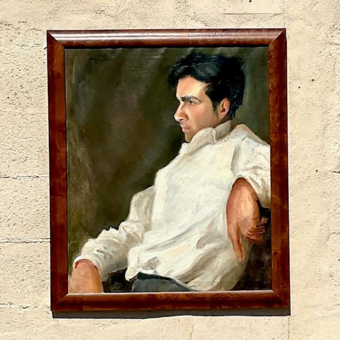 Vintage Boho Original Oil Painting of Young Man In Good Condition For Sale In west palm beach, FL