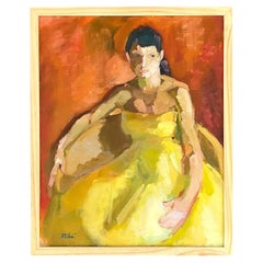 Vintage Boho Original Oil Painting of Young Woman in Yellow Dress