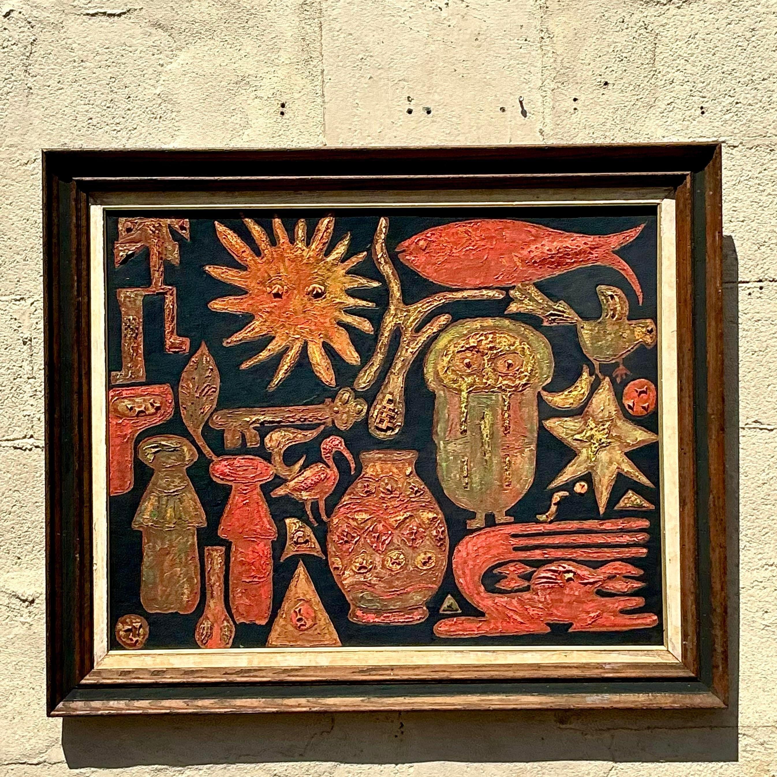 Vintage Boho Original Oil Painting on Board For Sale 3