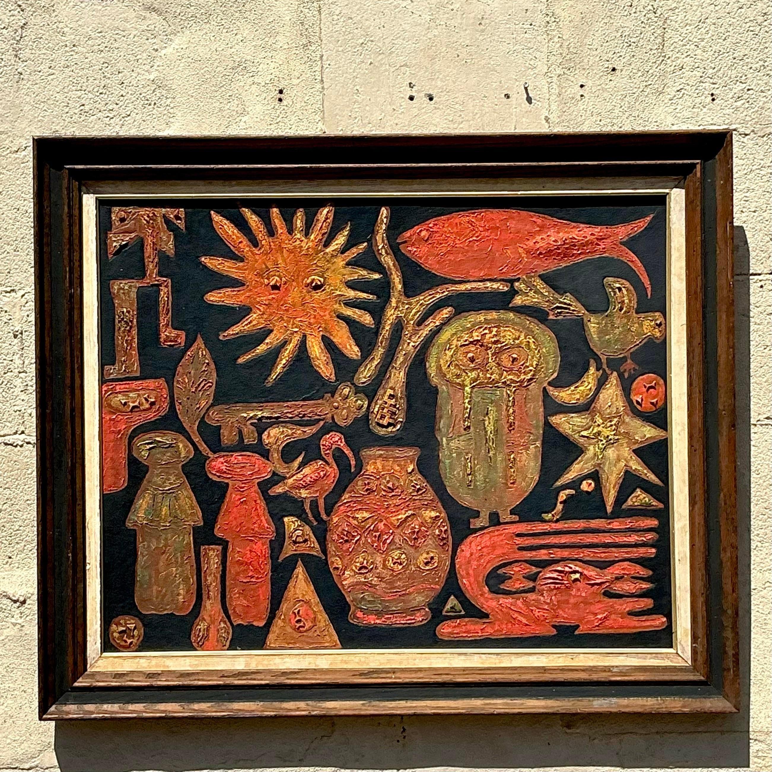 Vintage Boho Original Oil Painting on Board For Sale 4