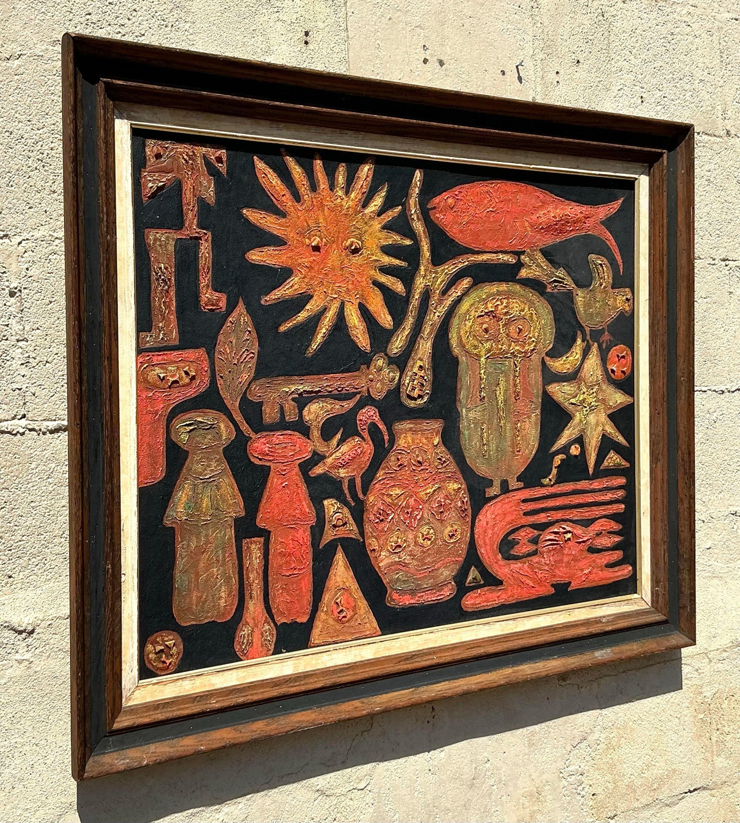 This vintage Boho-style painting is an original oil on board, featuring a variety of eclectic and symbolic shapes in warm, earthy tones. The artwork is textured and displays an abstract composition with sun motifs, stars, fish, pottery, and other