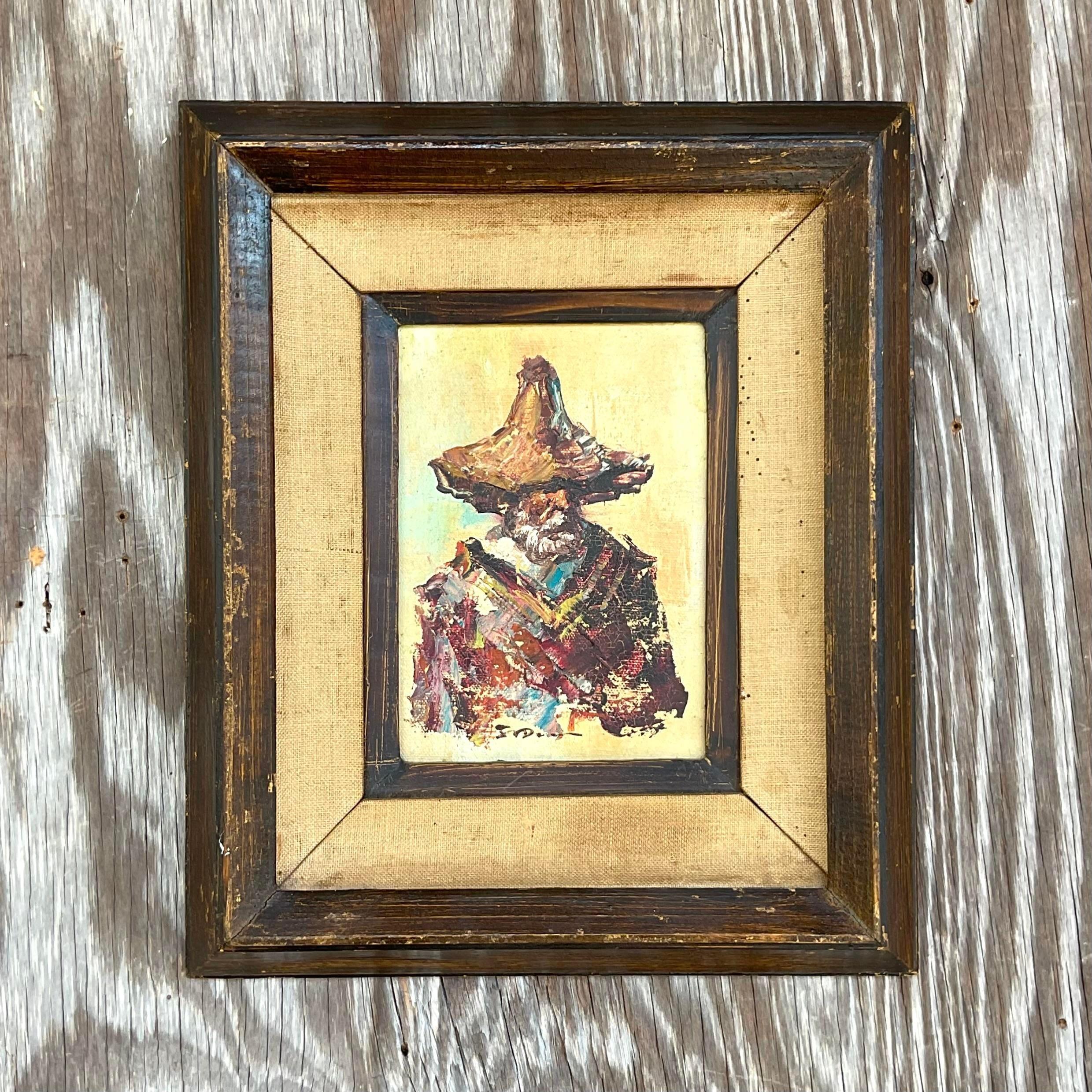 Vintage Boho Original Oil Painting on Board (amerikanisch) im Angebot