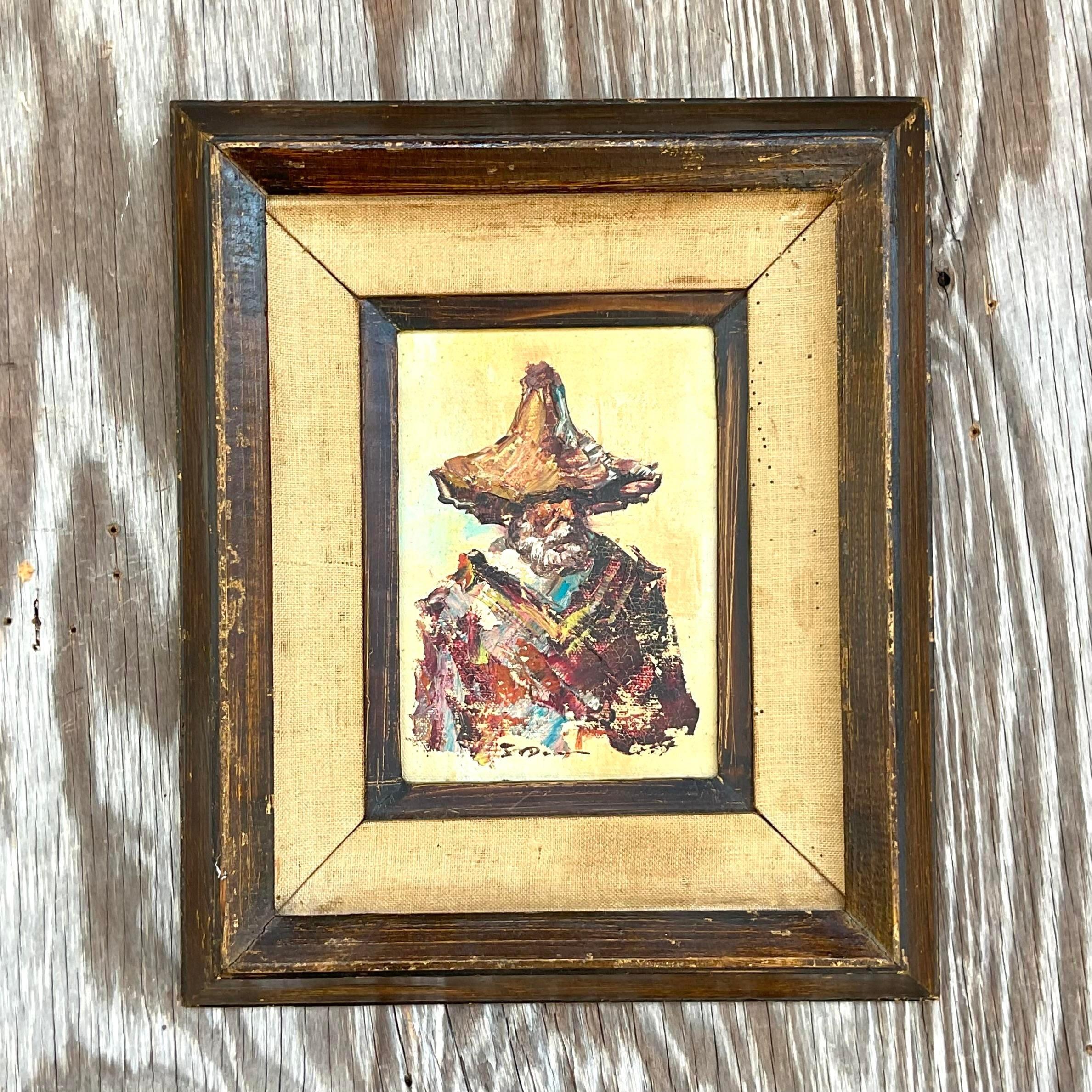 Vintage Boho Original Oil Painting on Board im Zustand „Gut“ im Angebot in West Palm Beach, FL