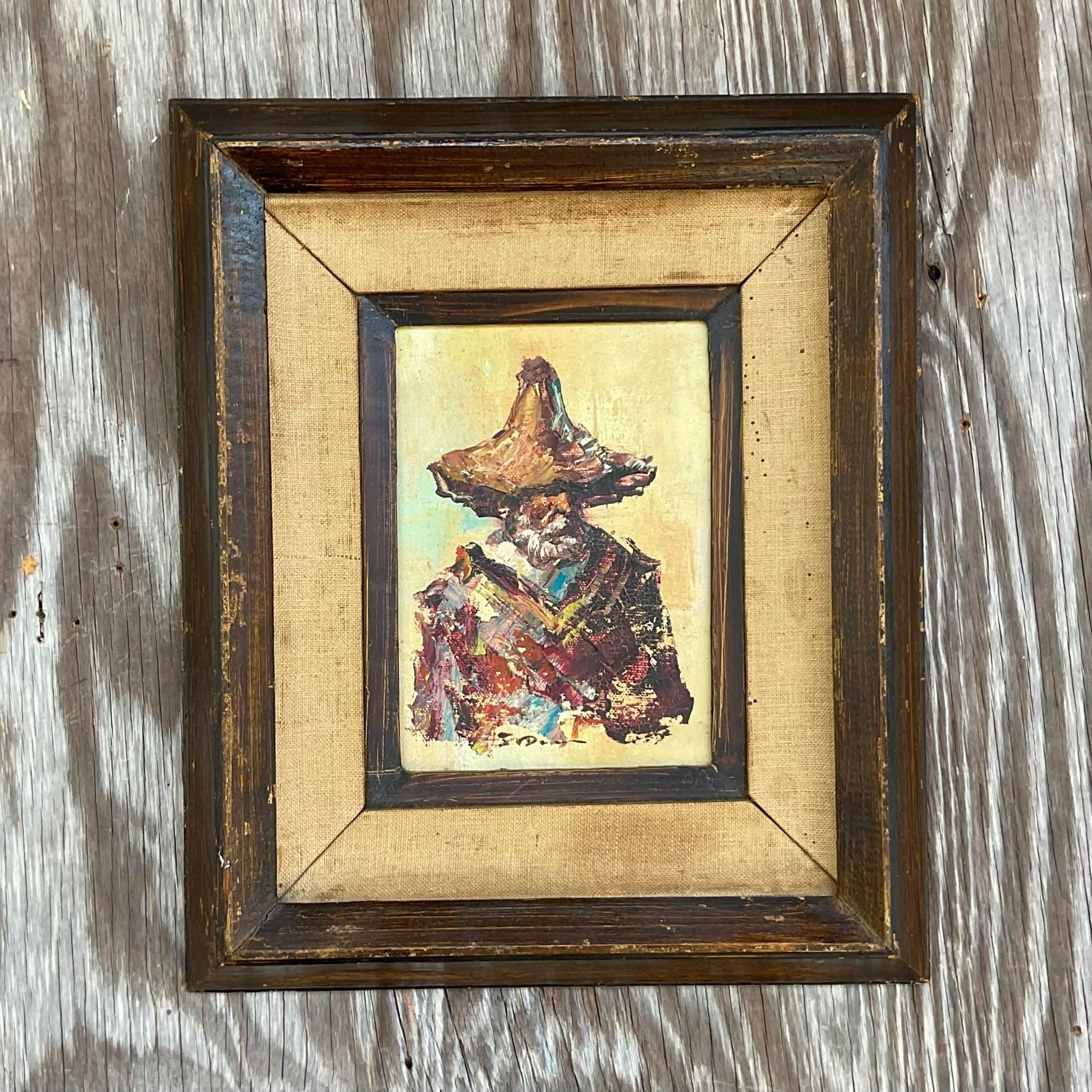 Vintage Boho Original Oil Painting on Board (20. Jahrhundert) im Angebot