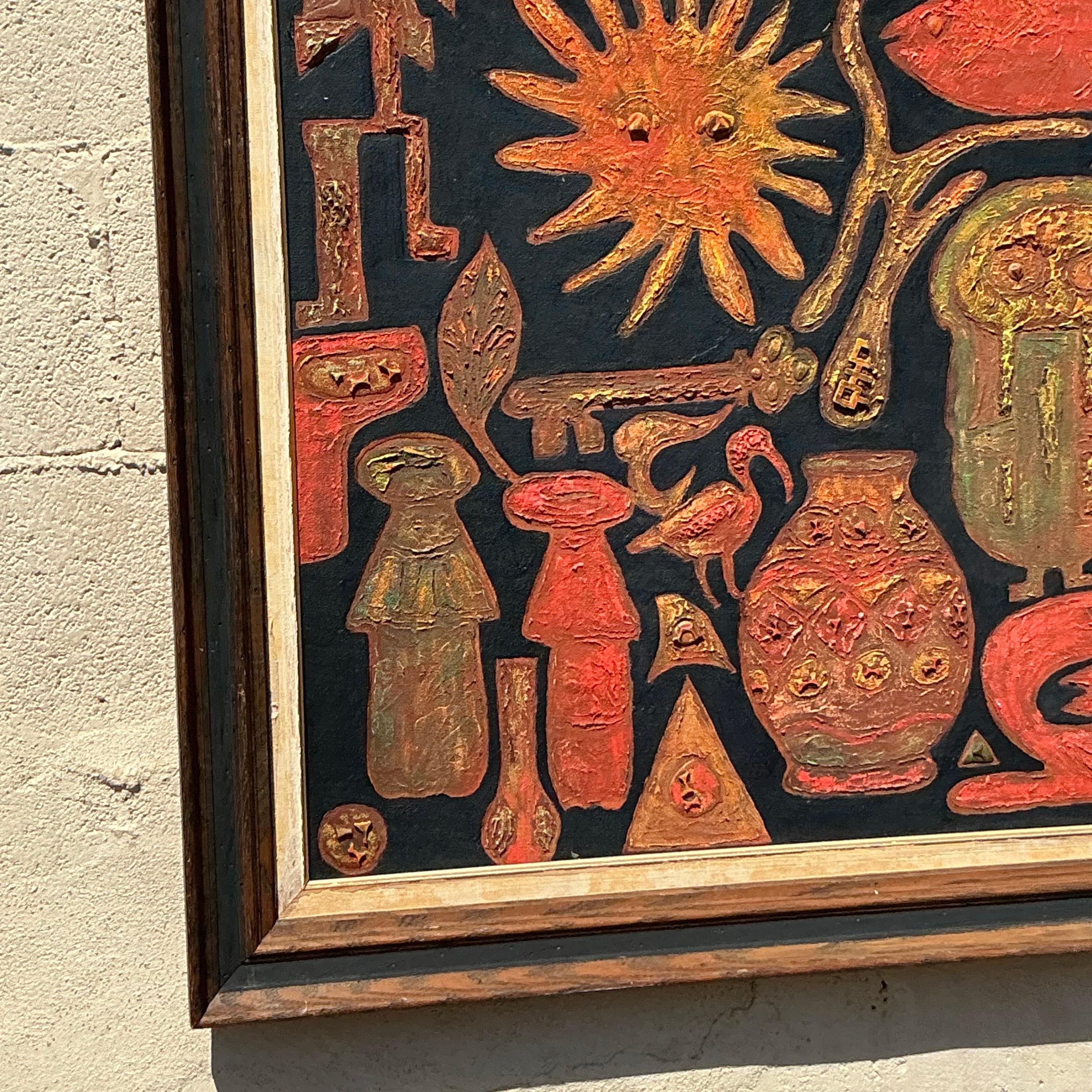 20th Century Vintage Boho Original Oil Painting on Board For Sale